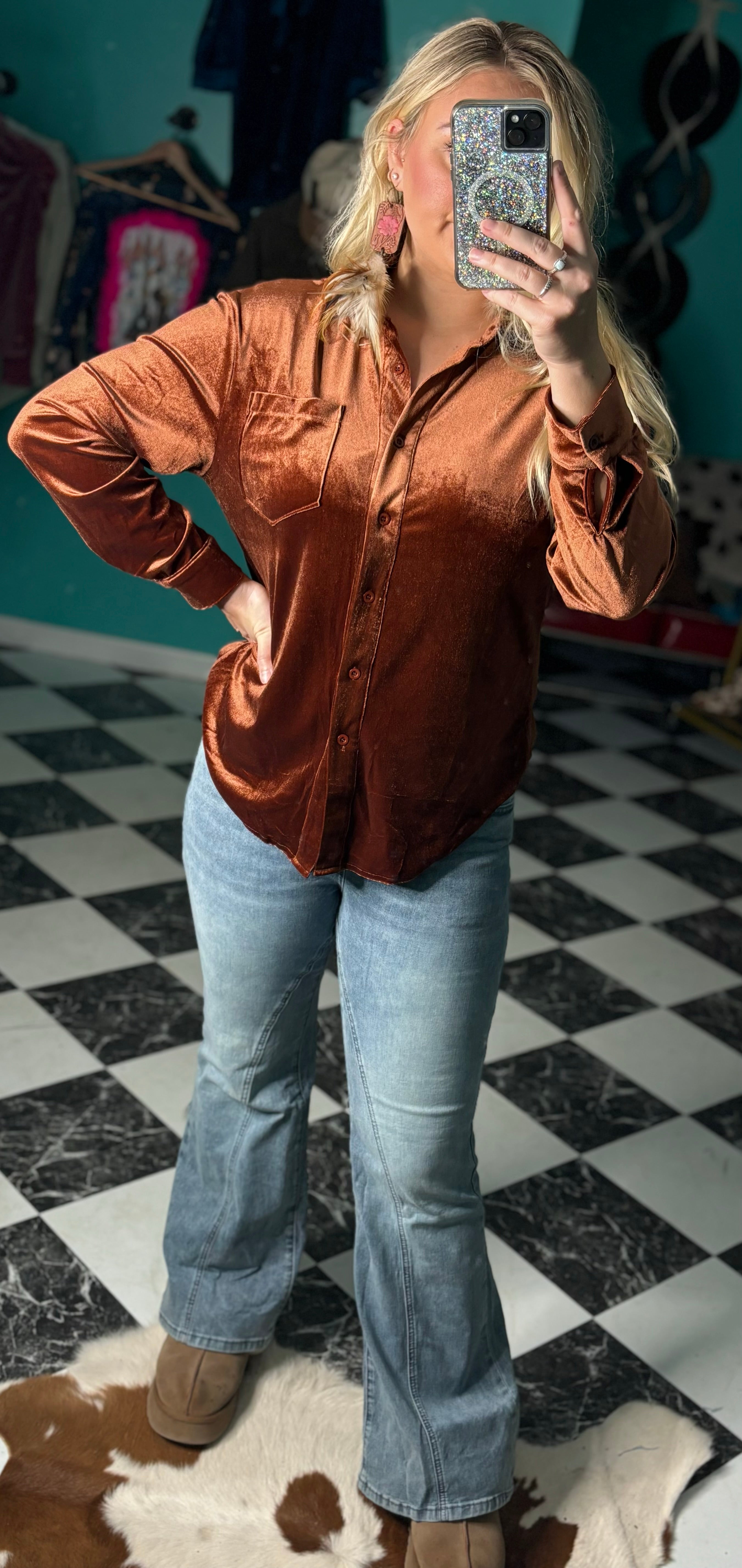 Rusted Velvet Button Top