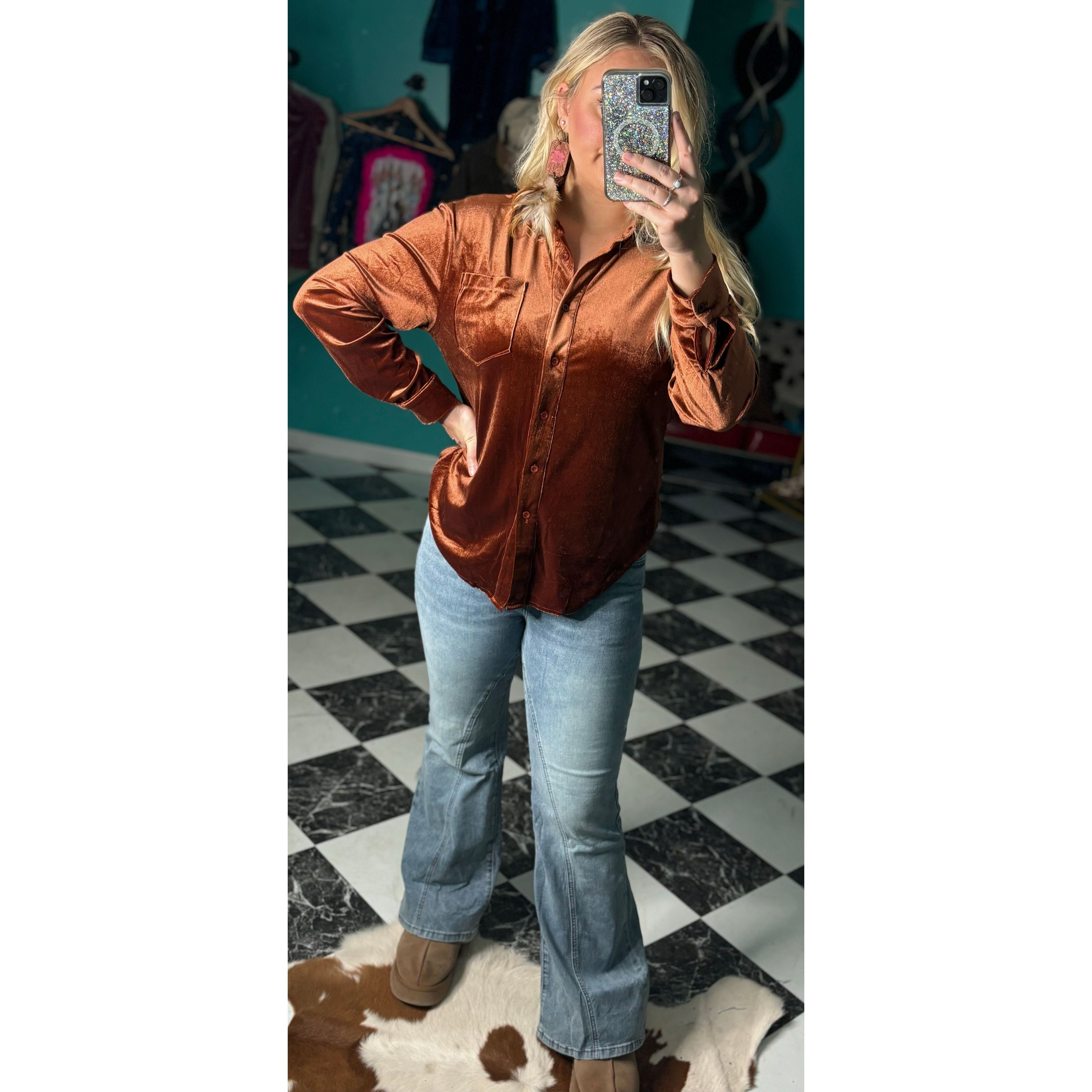 Rusted Velvet Button Top