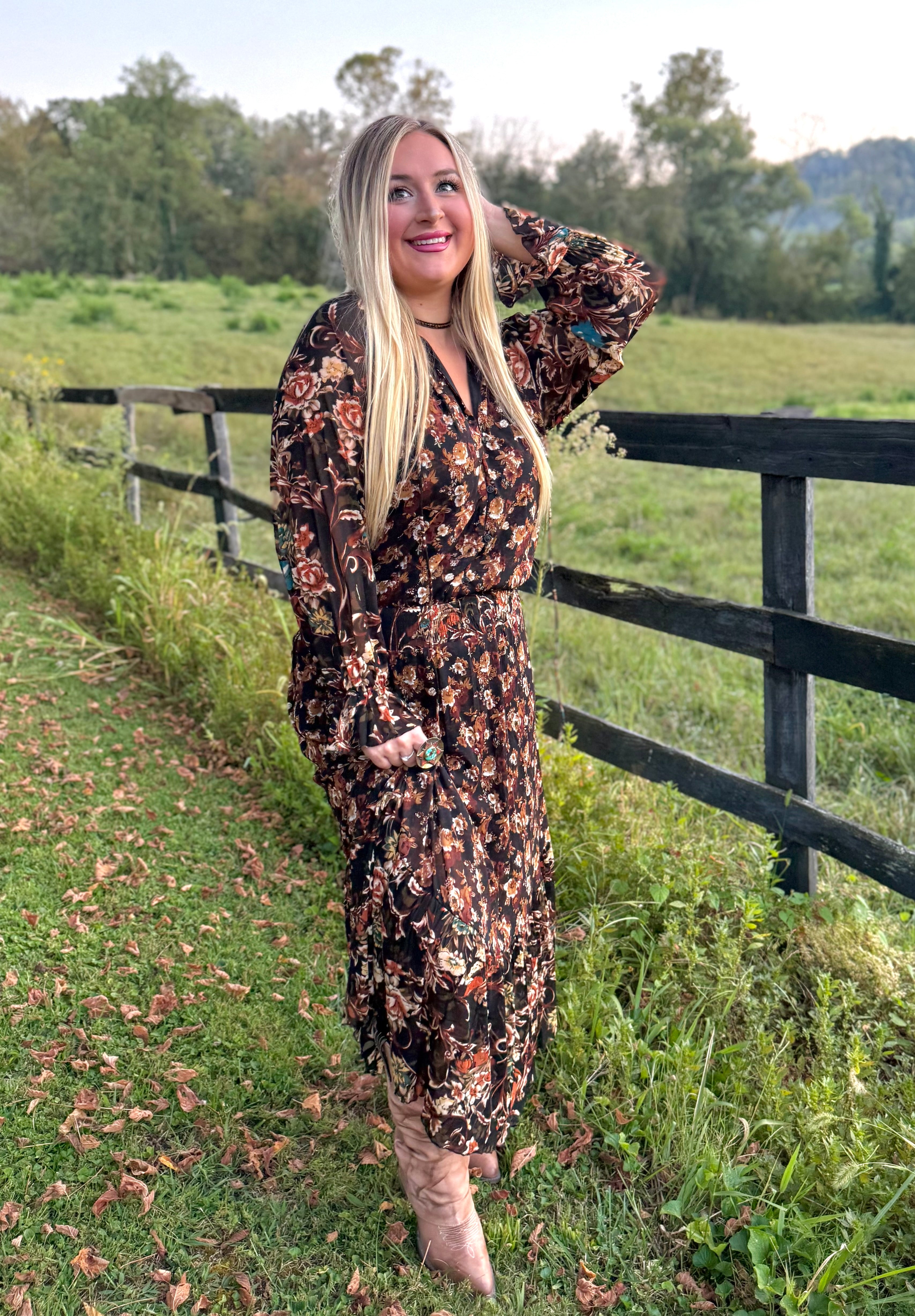 Black Floral Ruffle Maxi Dress