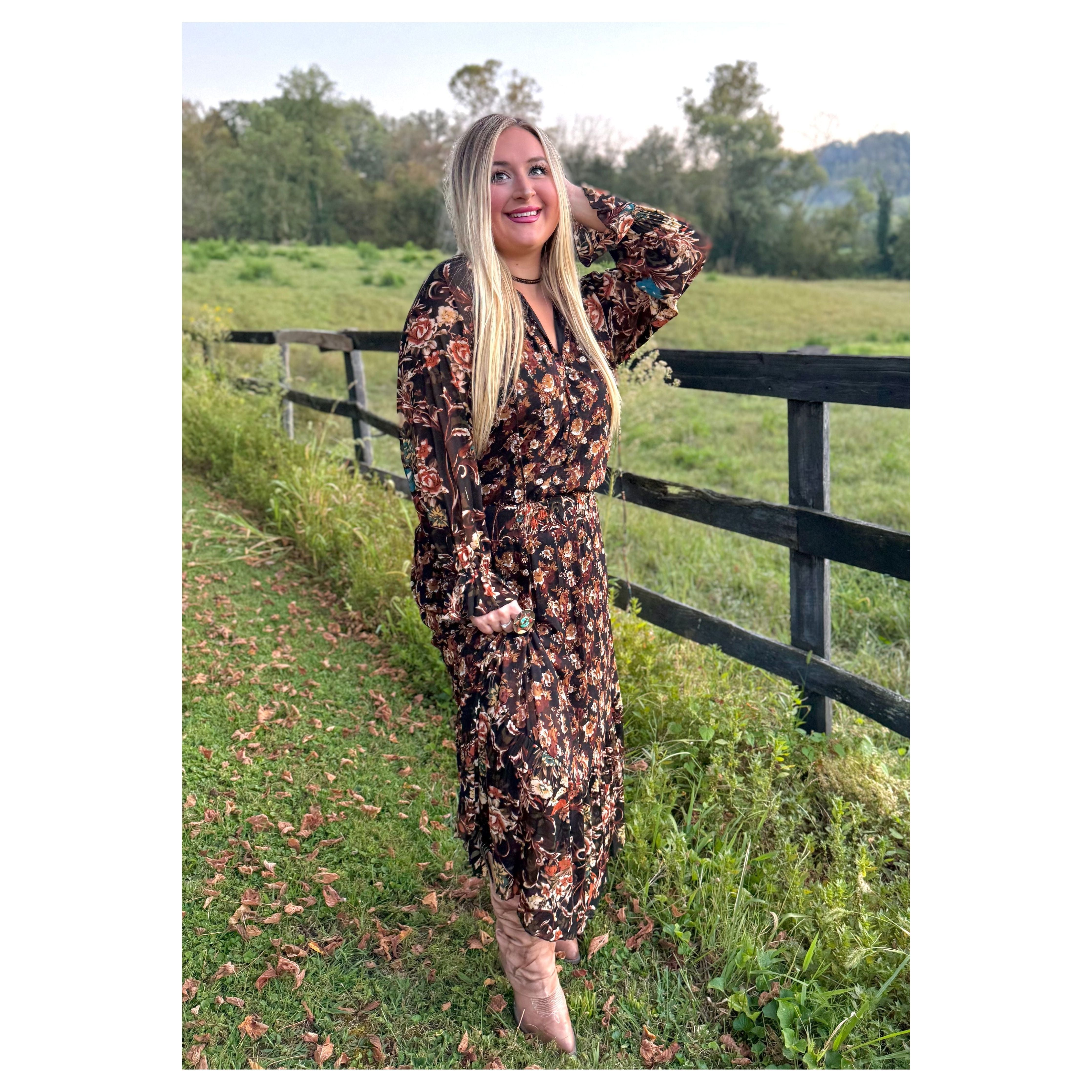 Black Floral Ruffle Maxi Dress