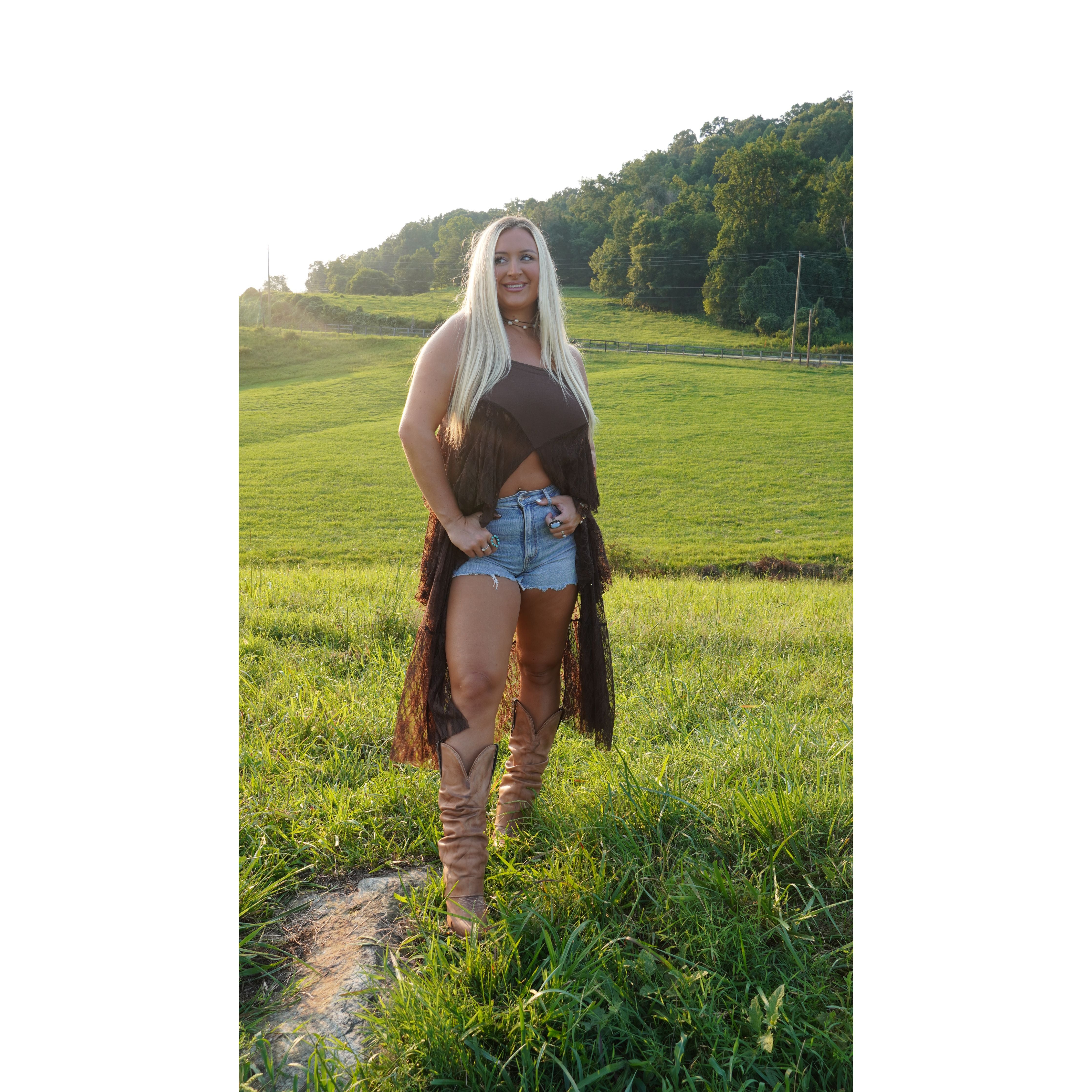Chocolate Ruffled Lace Flyaway Maxi Cami Top