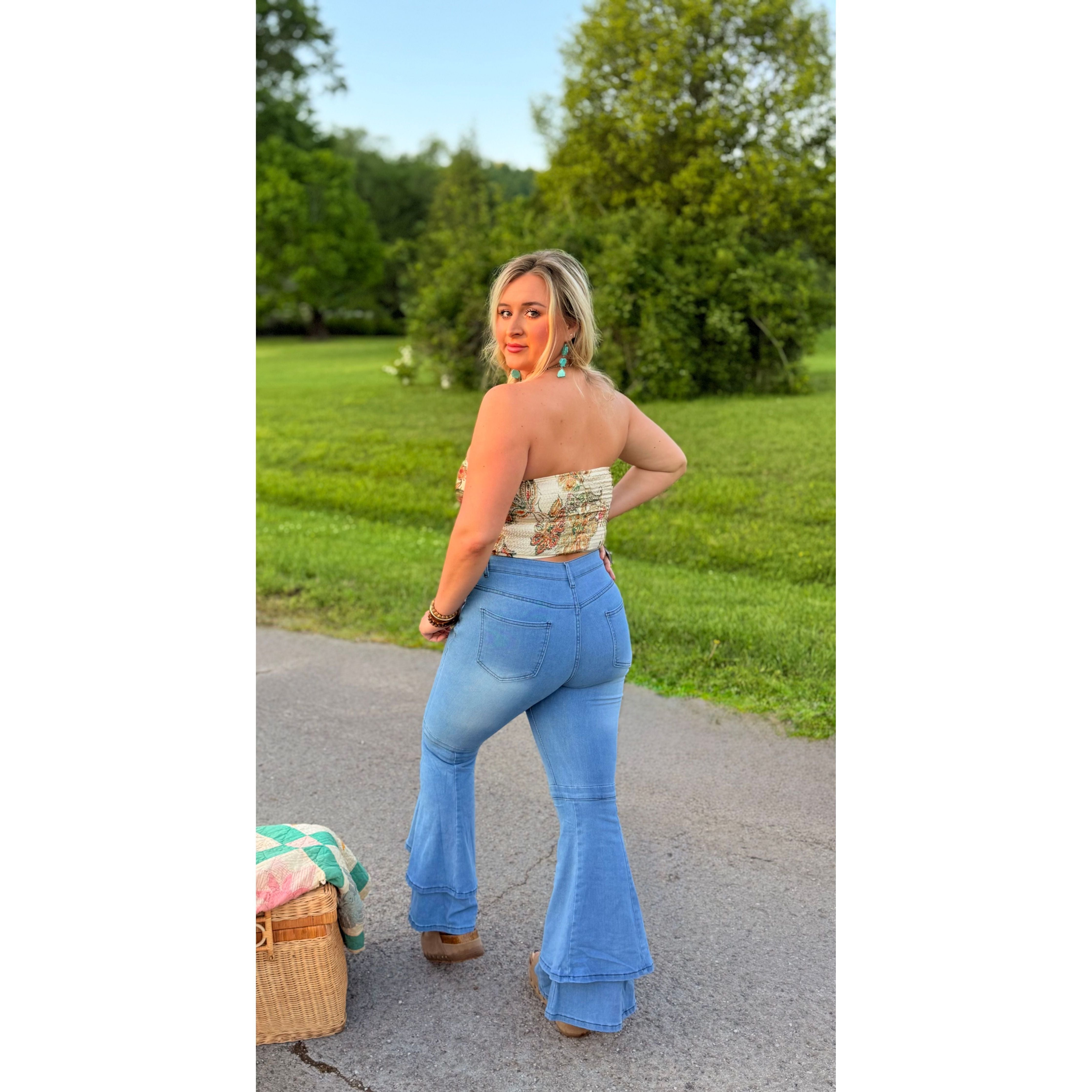Jenny Layered Ruffle Flare Jeans Light Wash