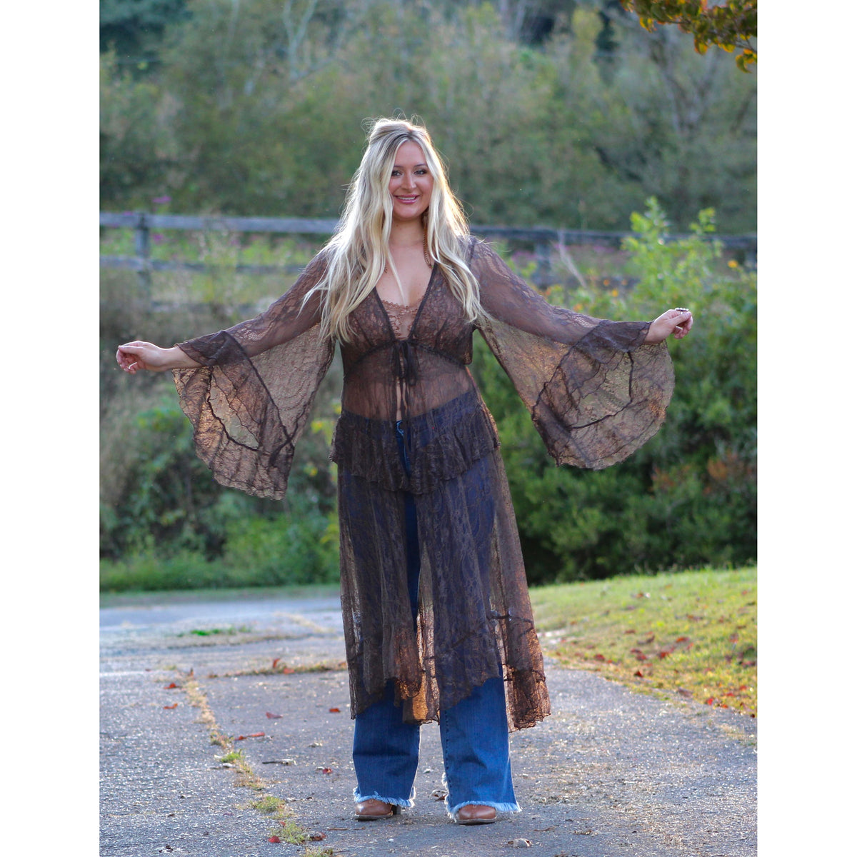 Chocolate brown lace Tie- Waist Duster