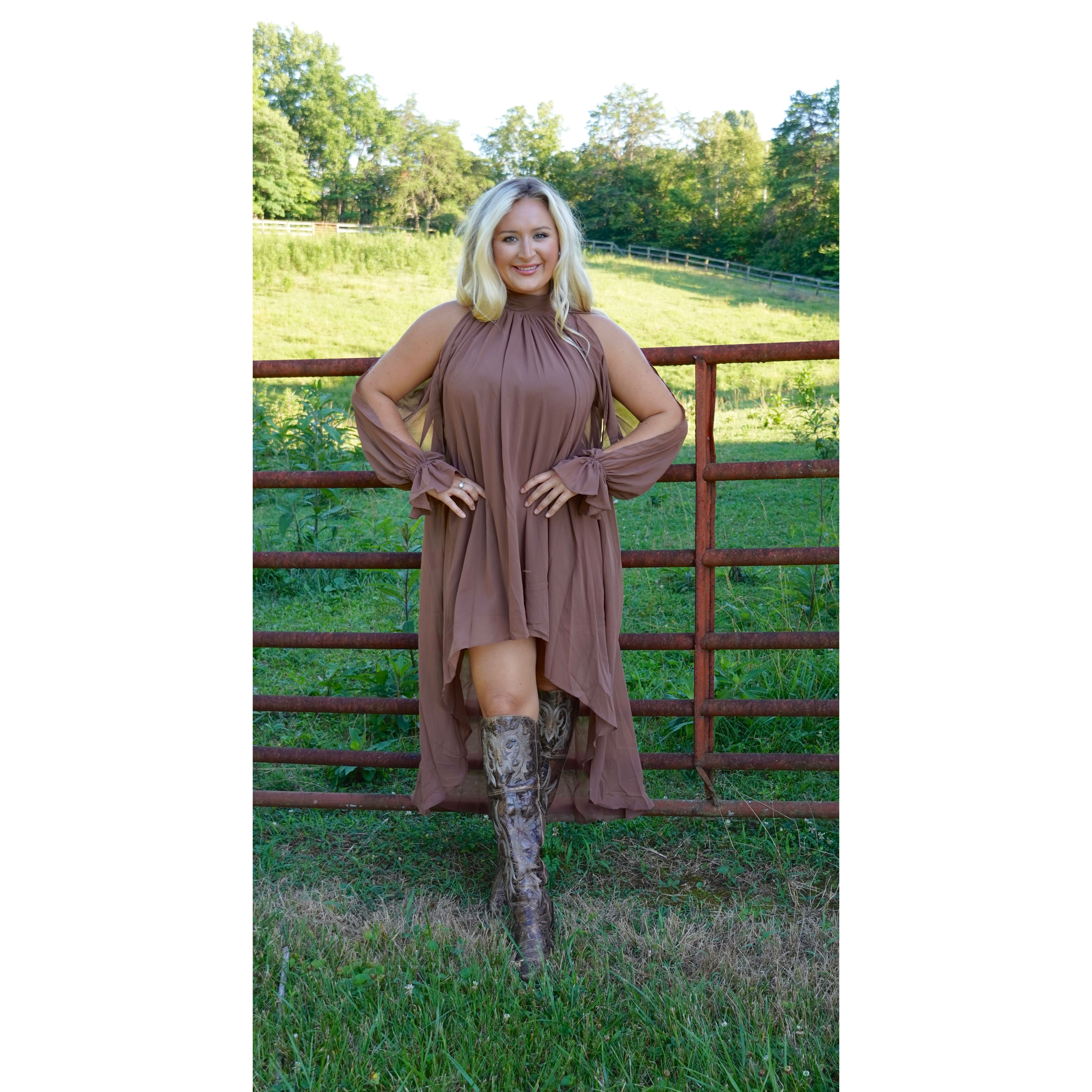 Elegant High Low Flowy Dress In Brown