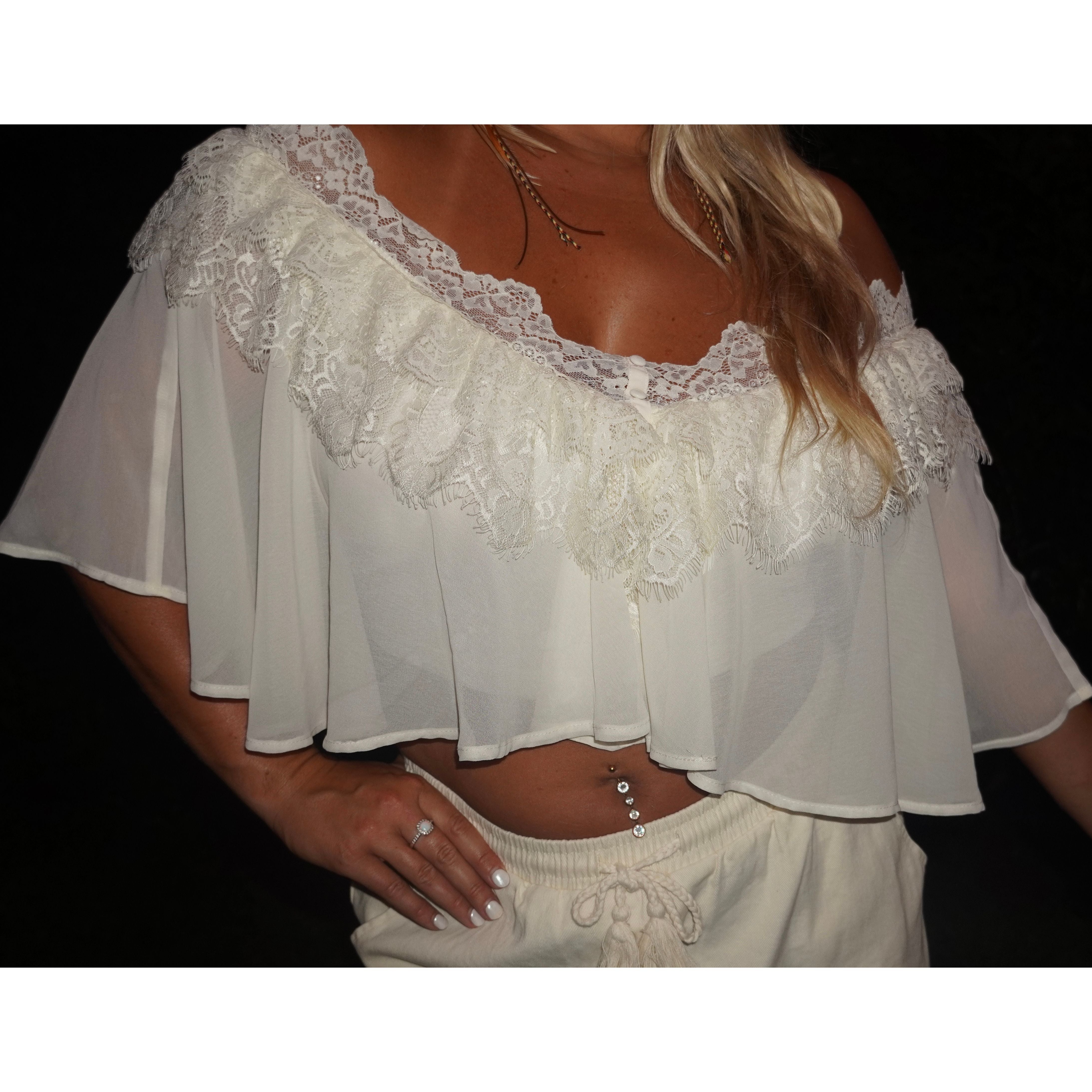 Ivory Lace Ruffle Chiffon Top