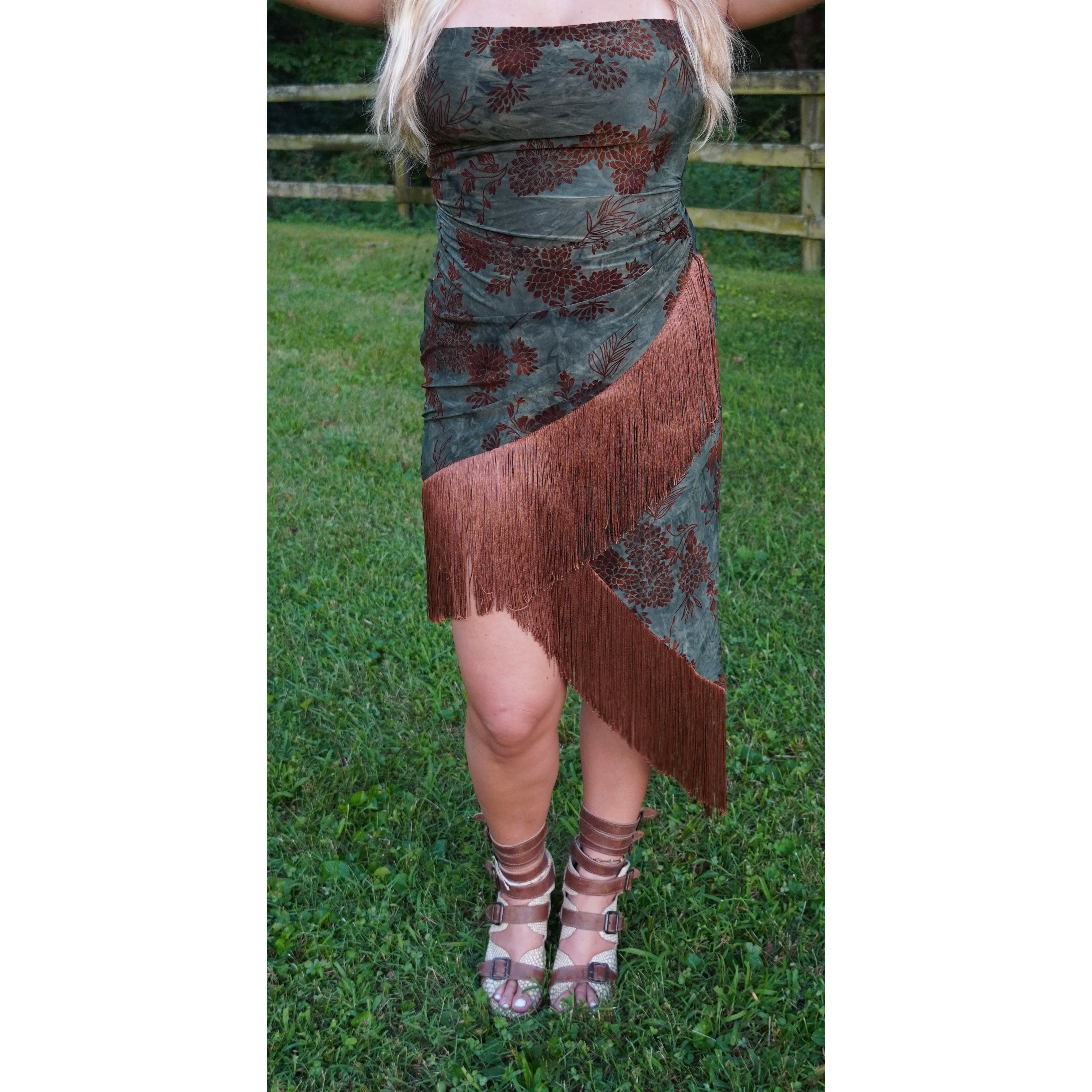Strapless Asymmetrical Green Floral Velvet Fringe Dress