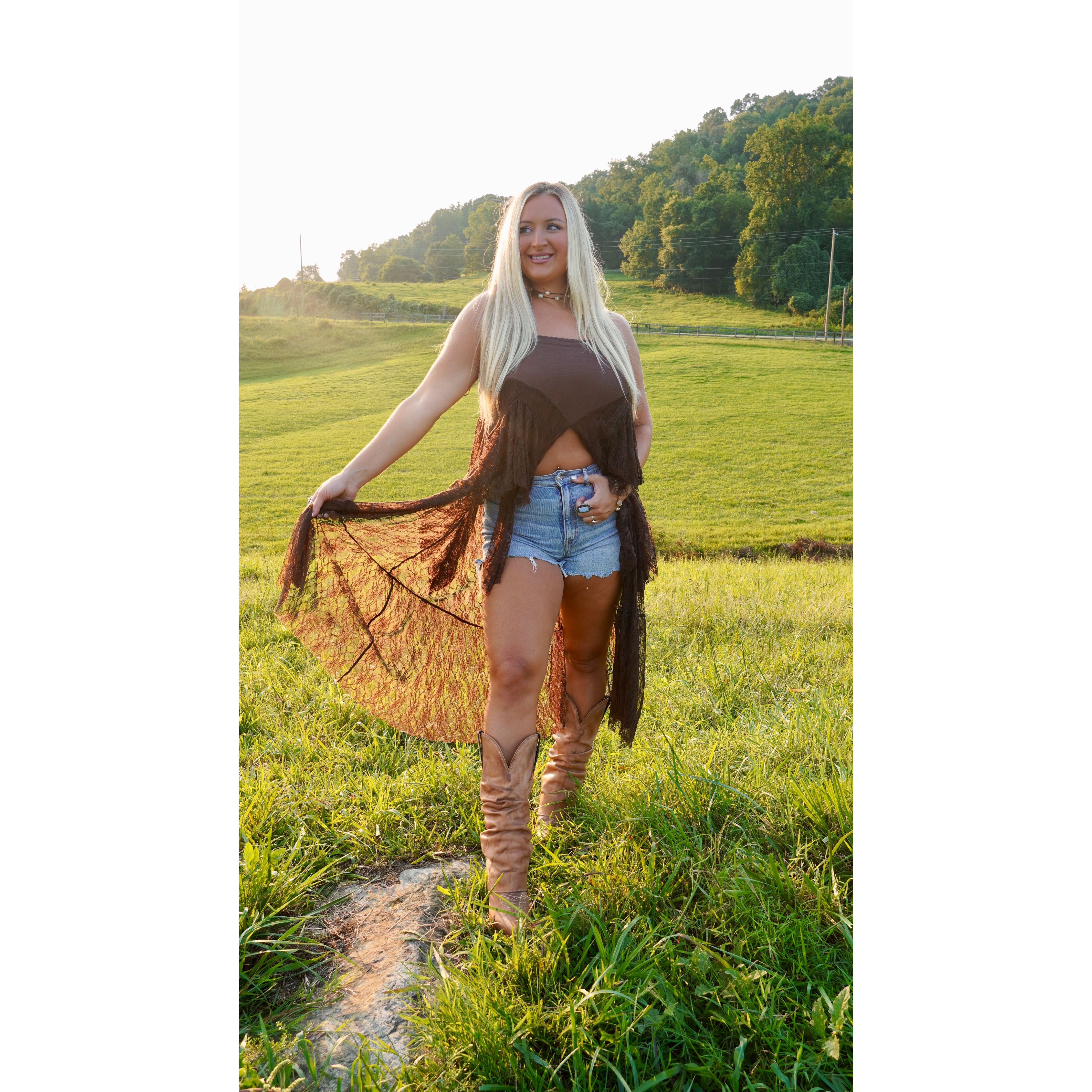 Chocolate Ruffled Lace Flyaway Maxi Cami Top