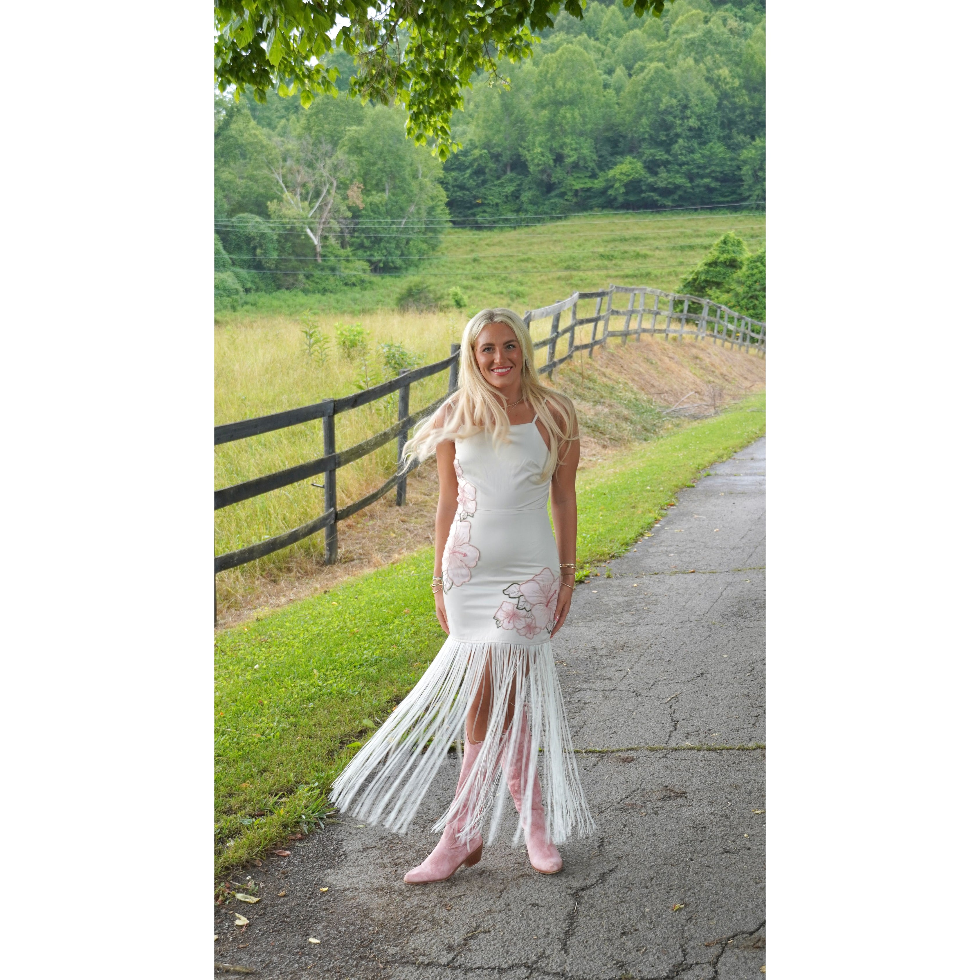White Floral Fringe Maxi Dress
