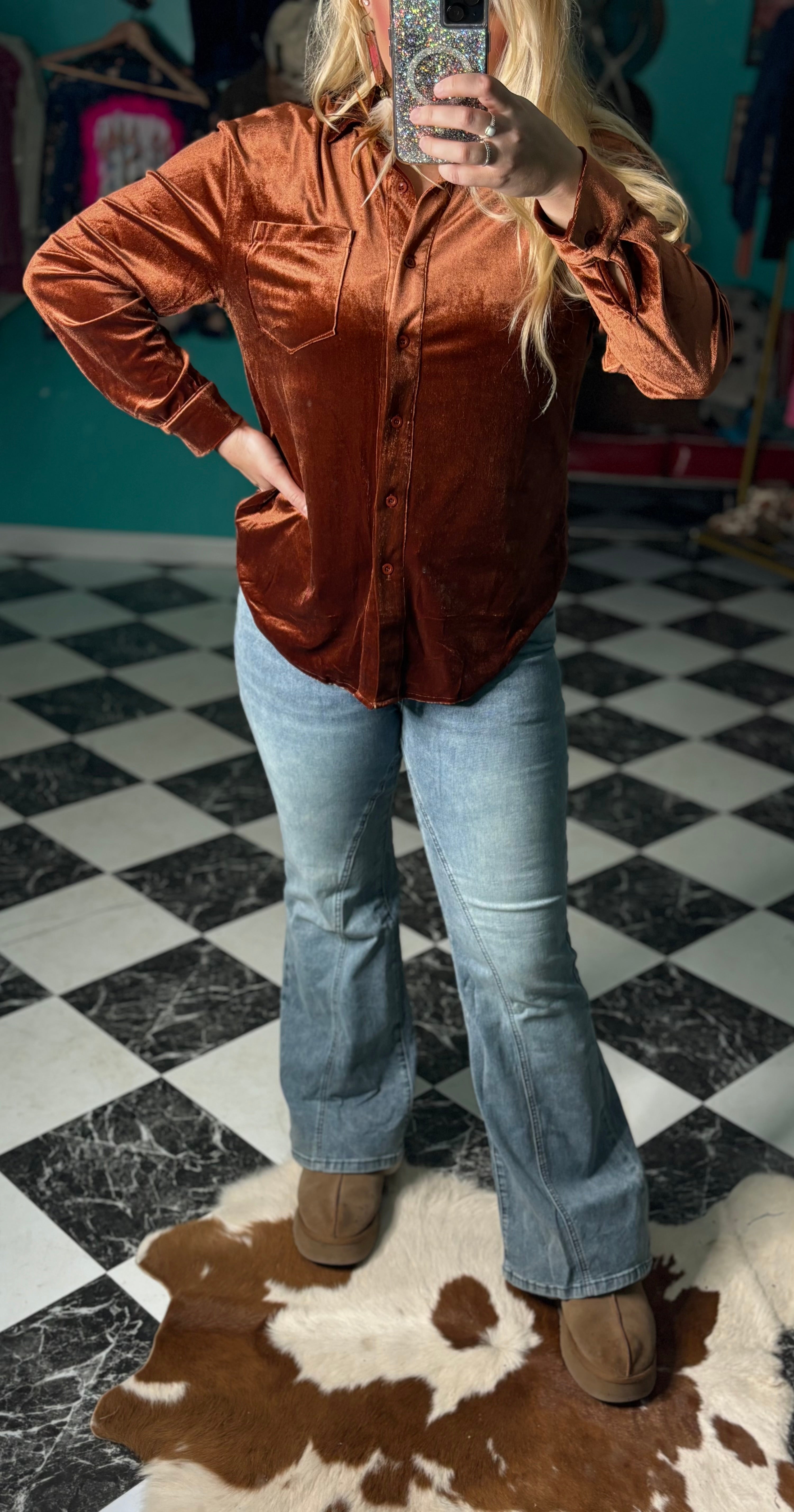 Rusted Velvet Button Top