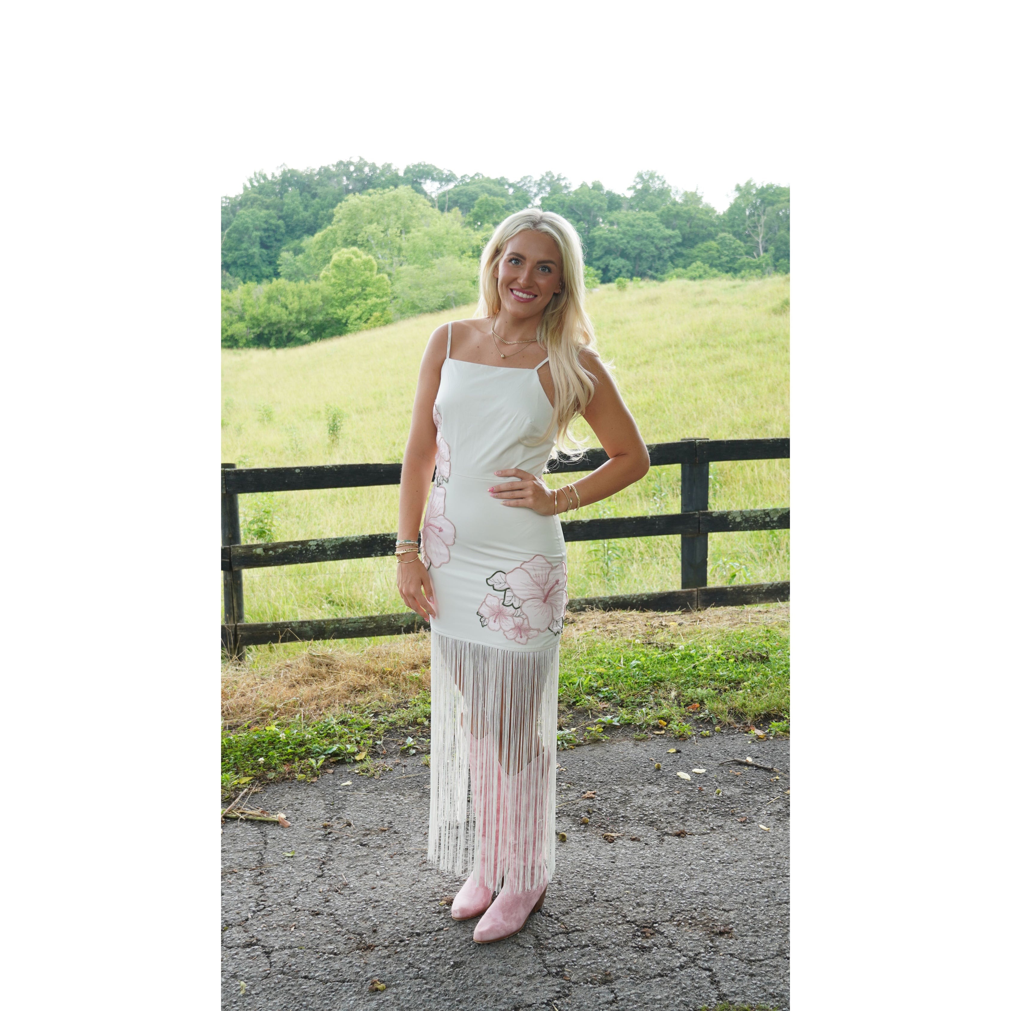 White Floral Fringe Maxi Dress