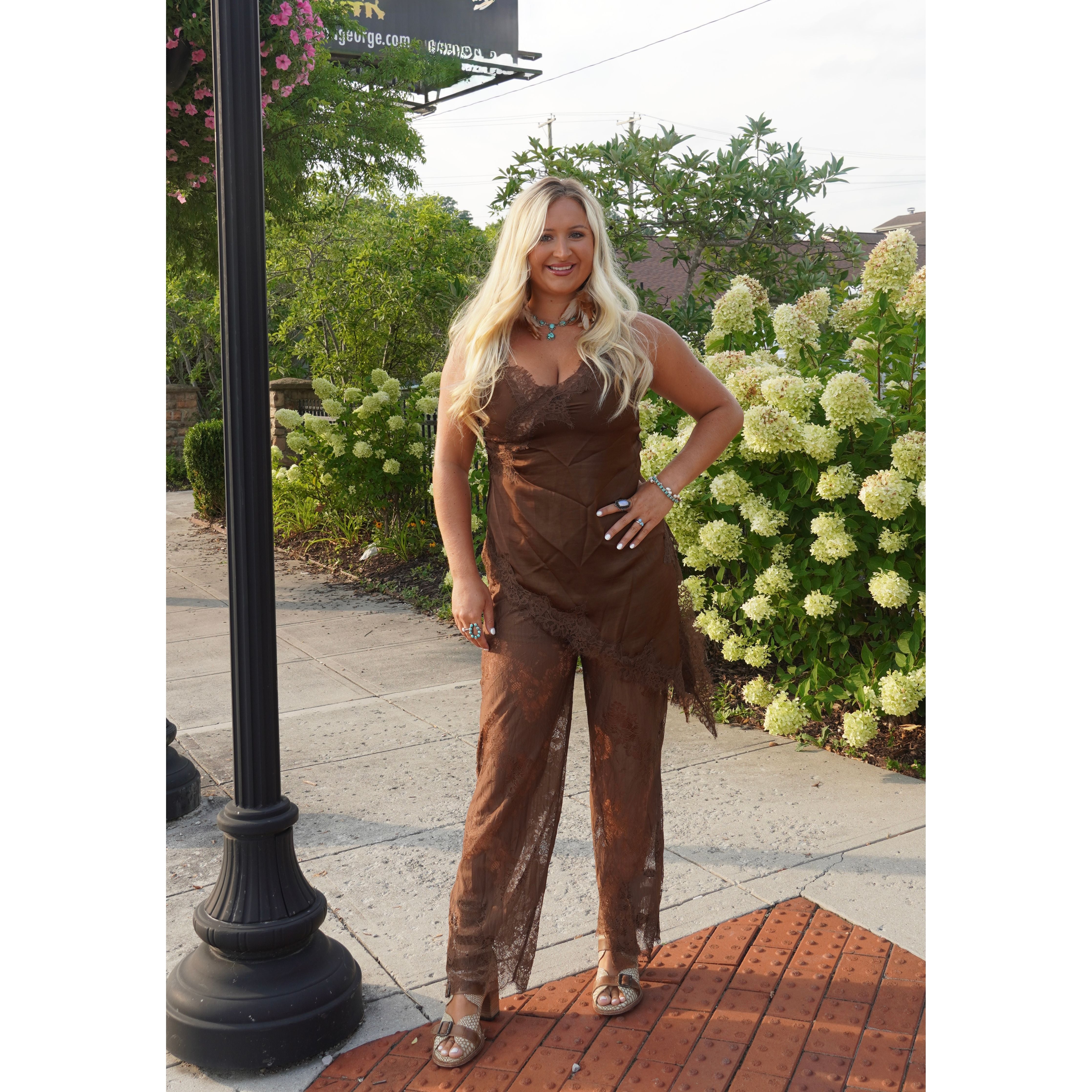 Chocolate Satin Lace Trim Cami and Pants Set