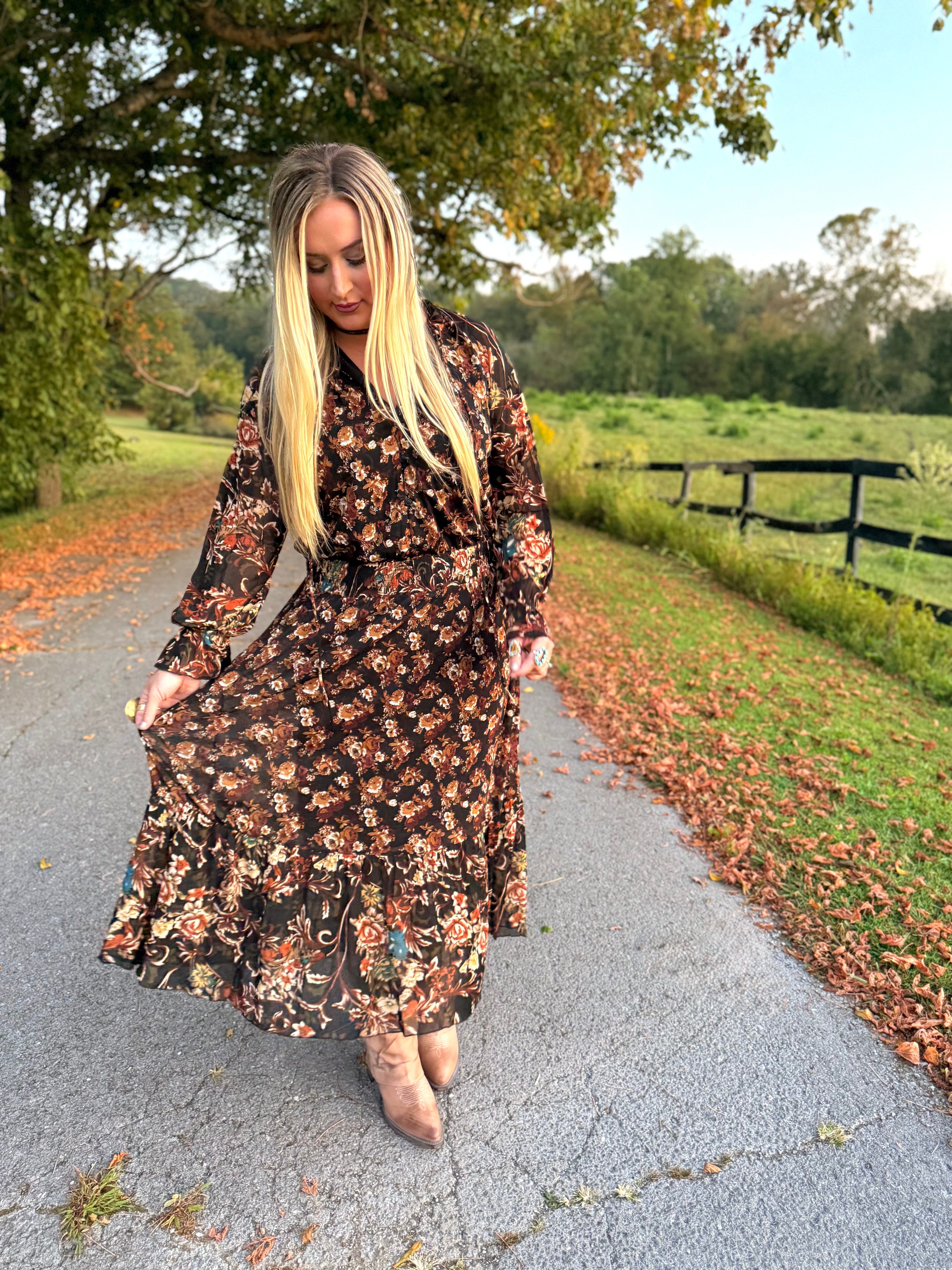 Black Floral Ruffle Maxi Dress