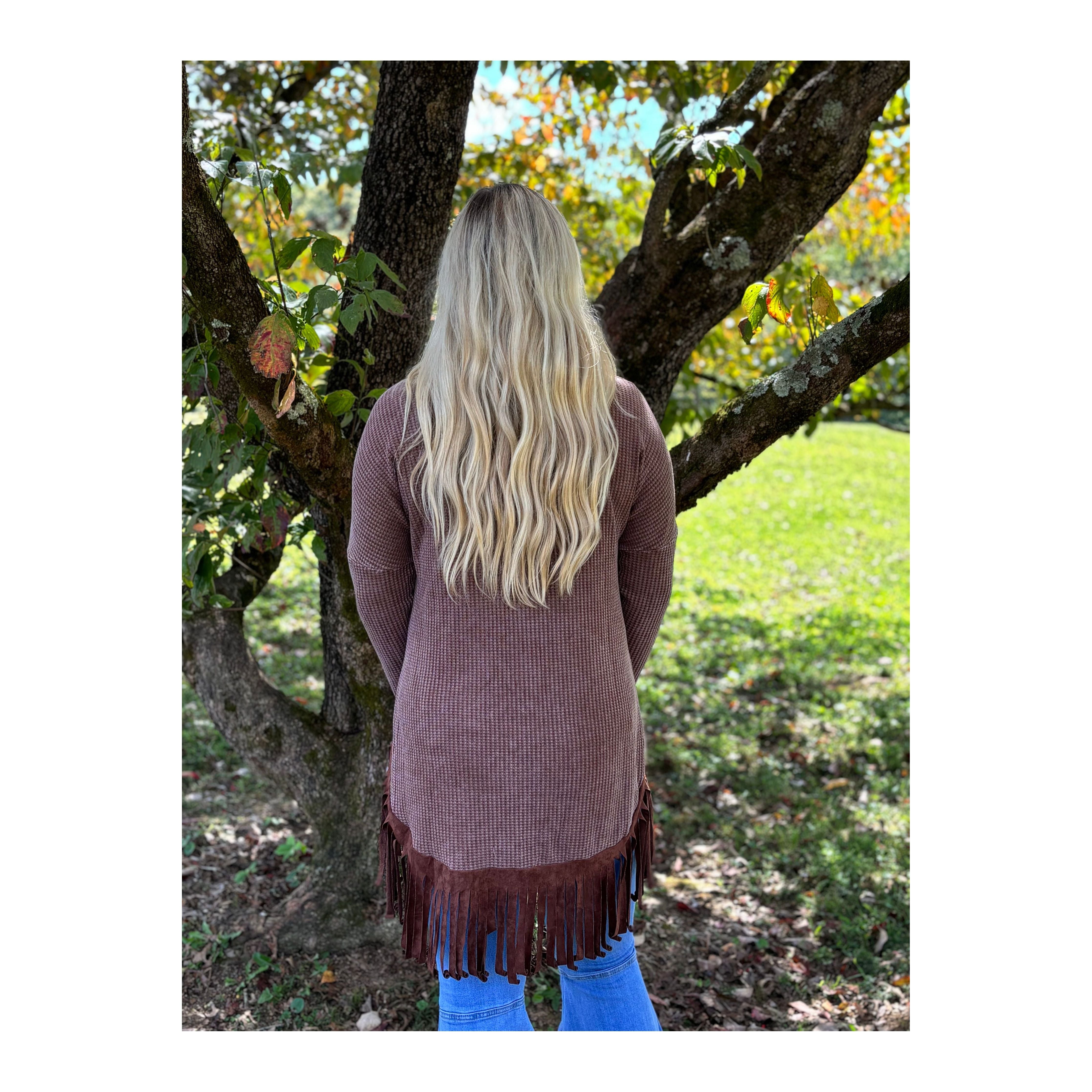 Waffle Knit Fringe High Low Chocolate Brown Top