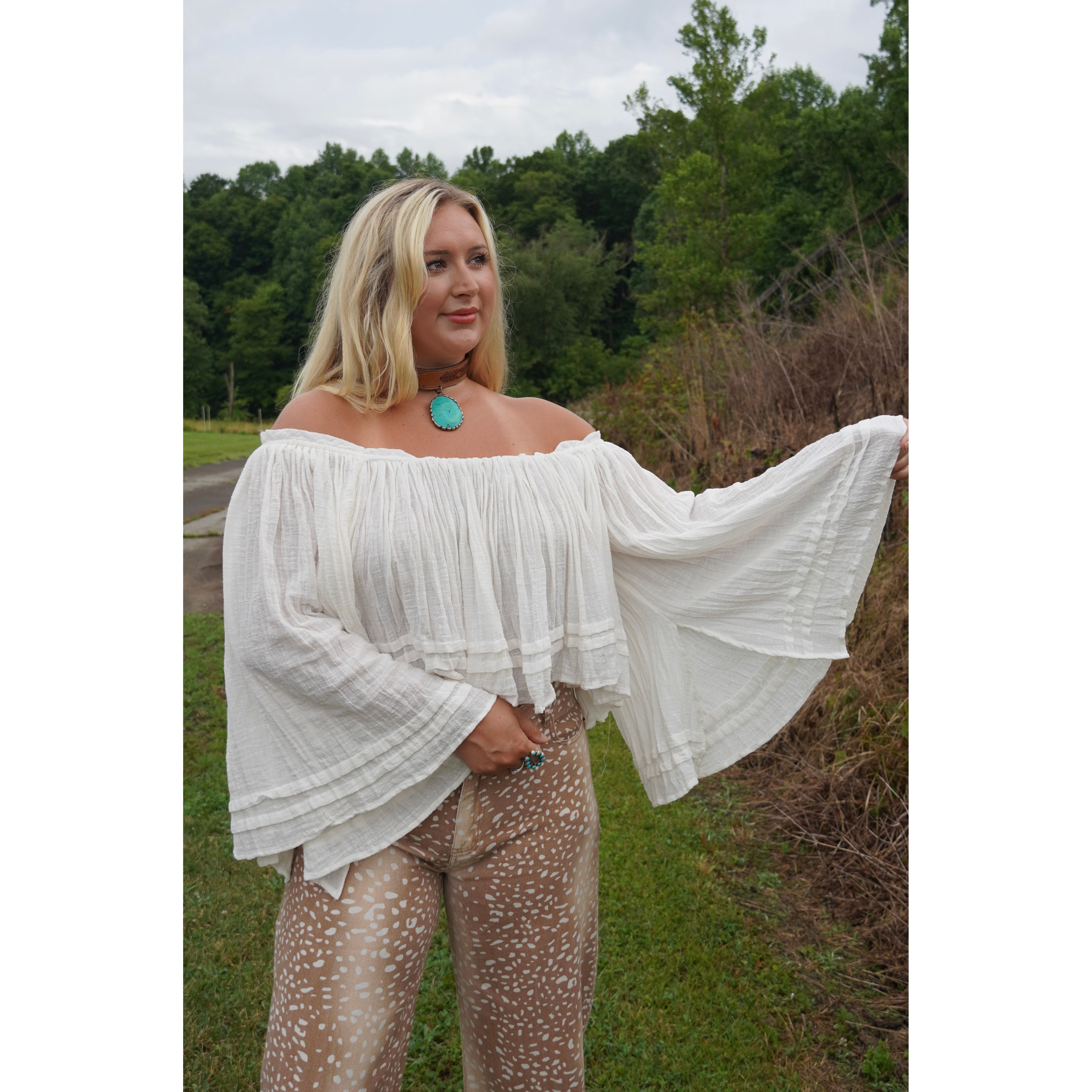White Cotton Off Shoulder Angel-Sleeve Top