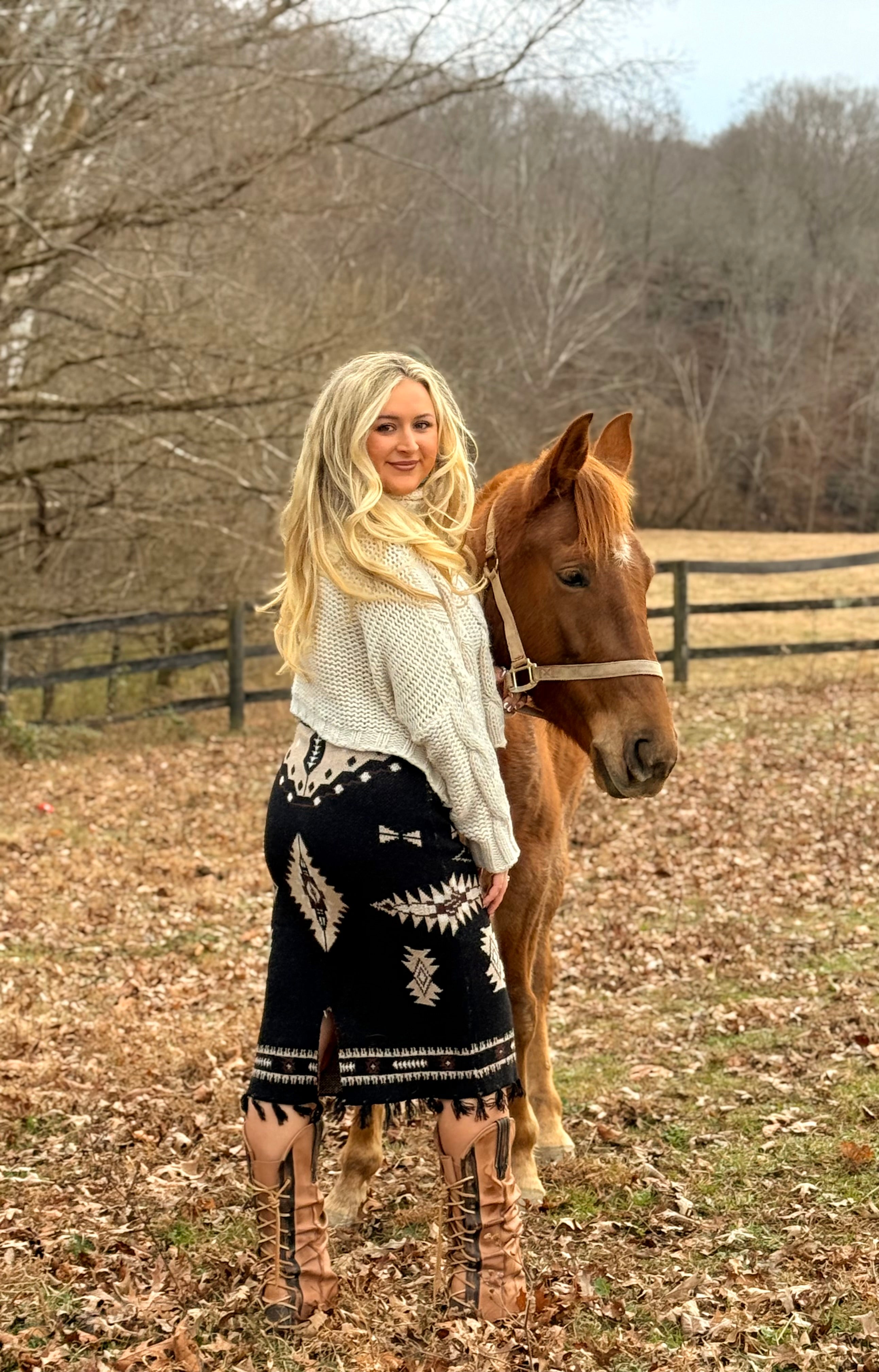 Black Aztec Sweater Fringe Back Slit Skirt
