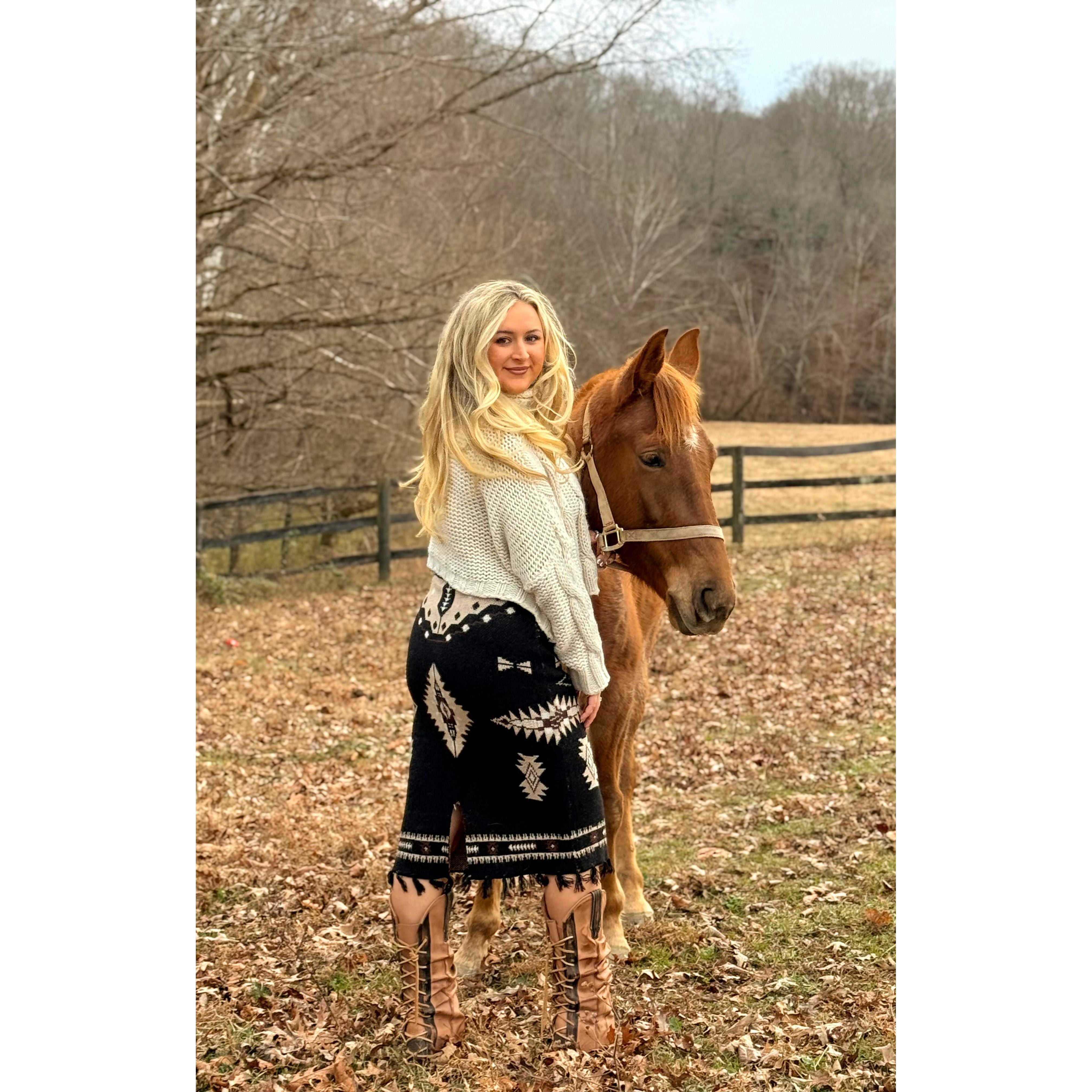 Black Aztec Sweater Fringe Back Slit Skirt