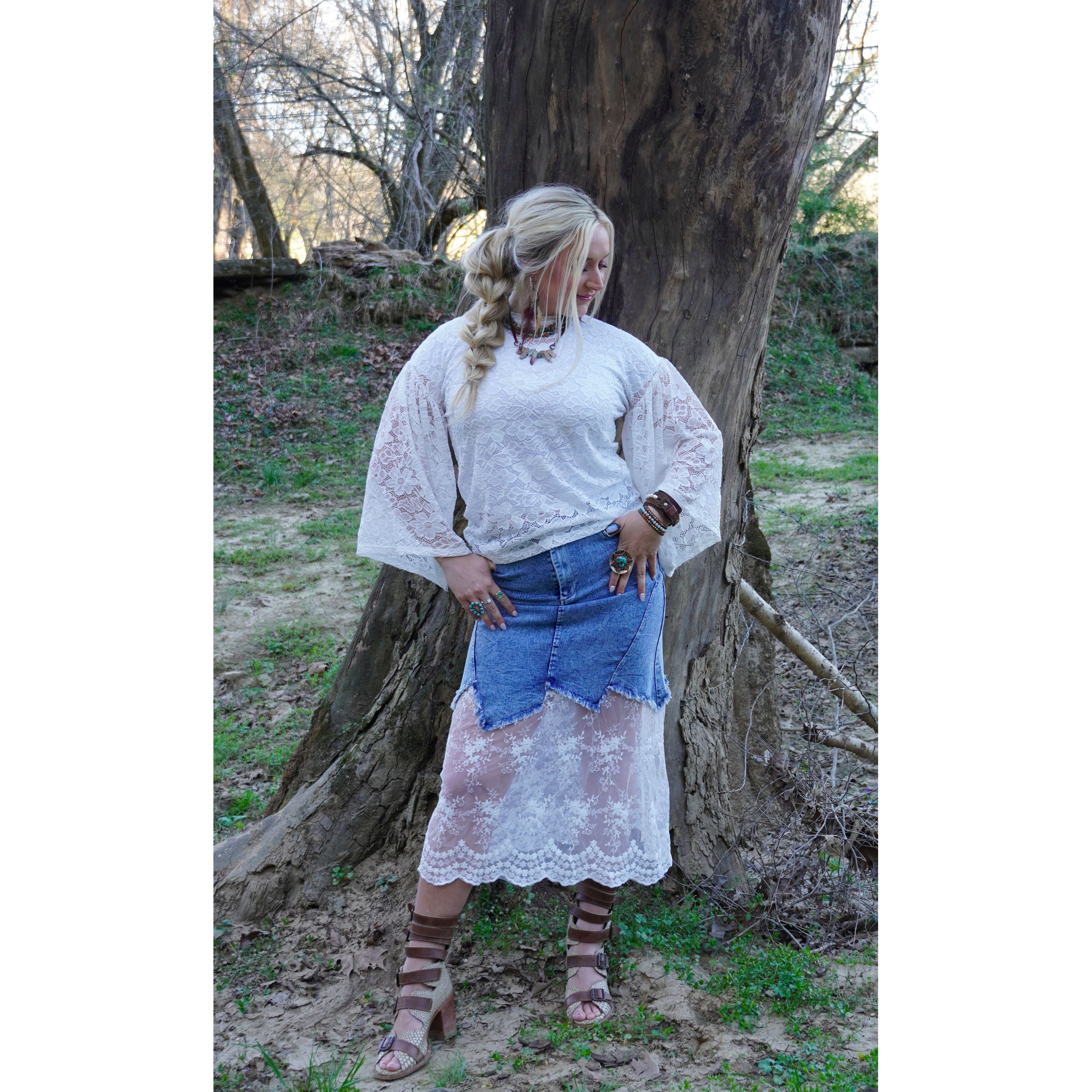 White Lace Daisy Bell-sleeve Top