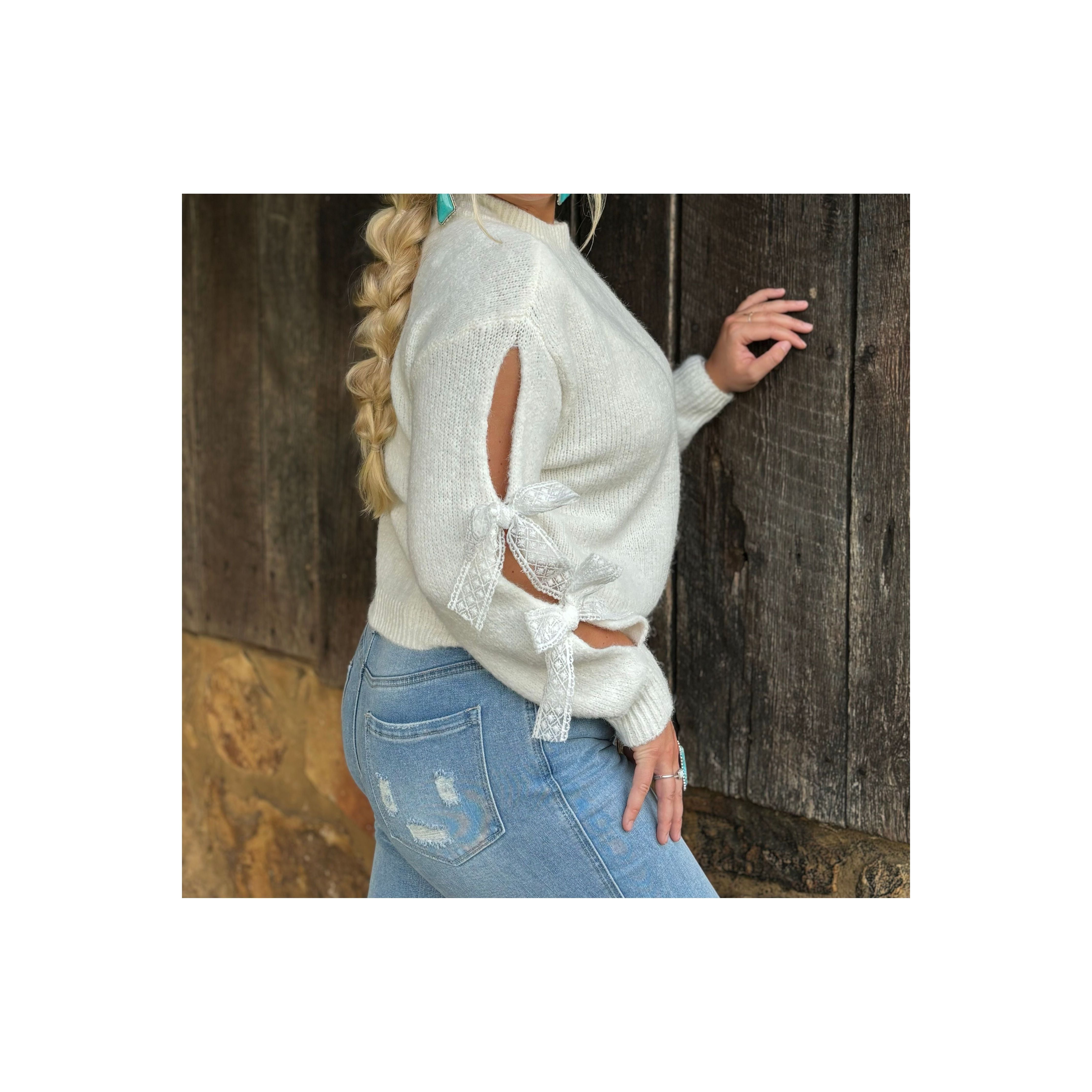 White Lace Bow Sweater