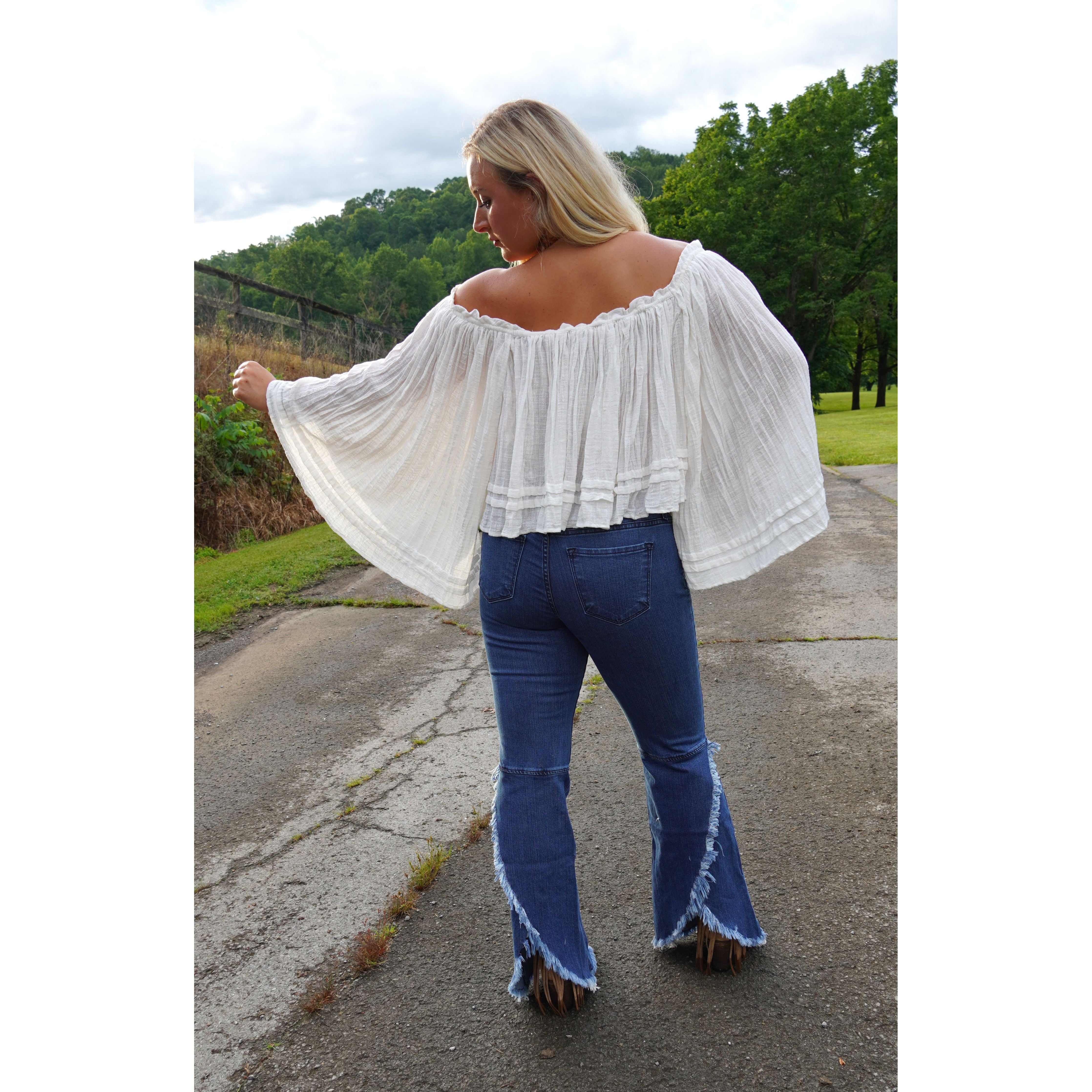 White Cotton Off Shoulder Angel-Sleeve Top