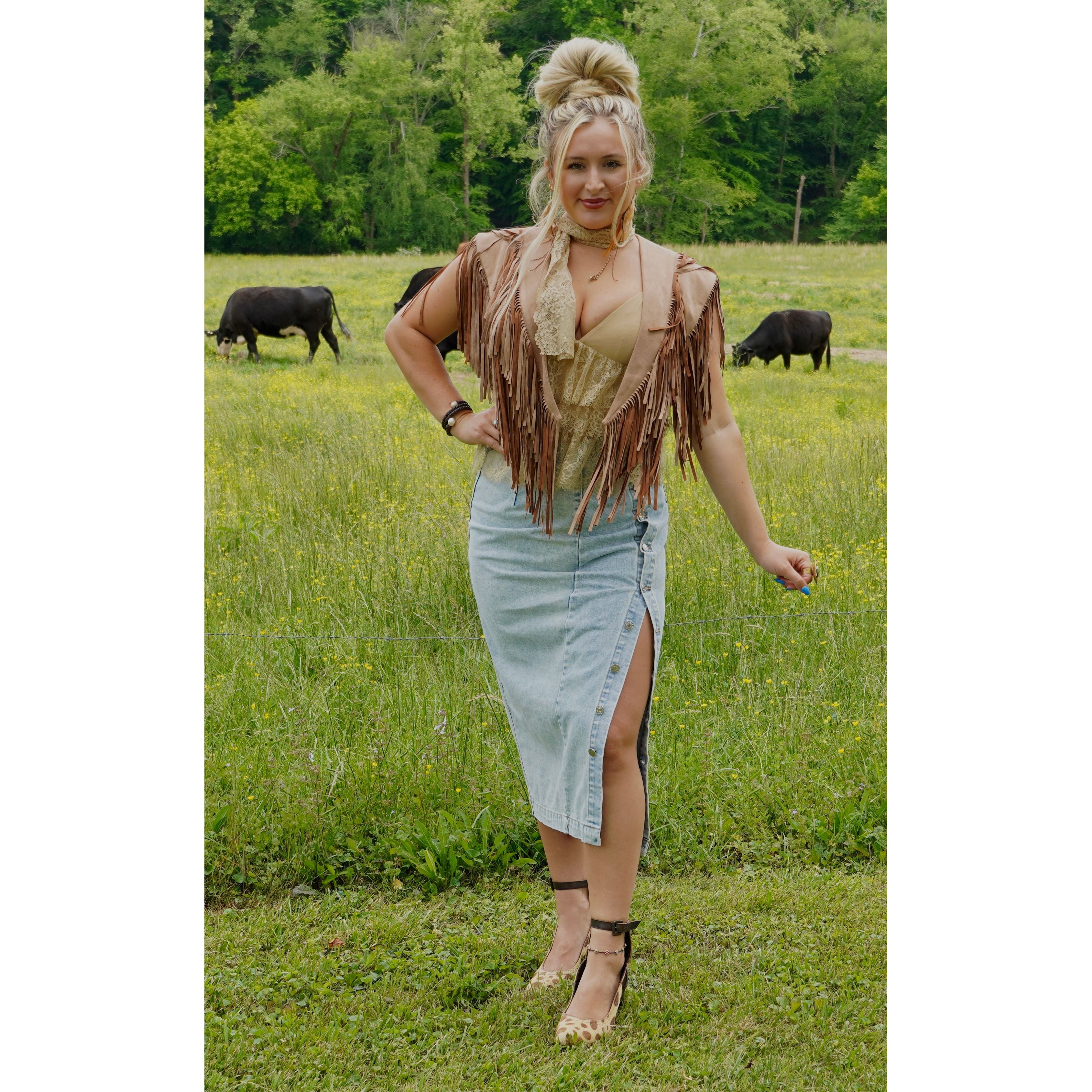 Button High Rise Denim Skirt