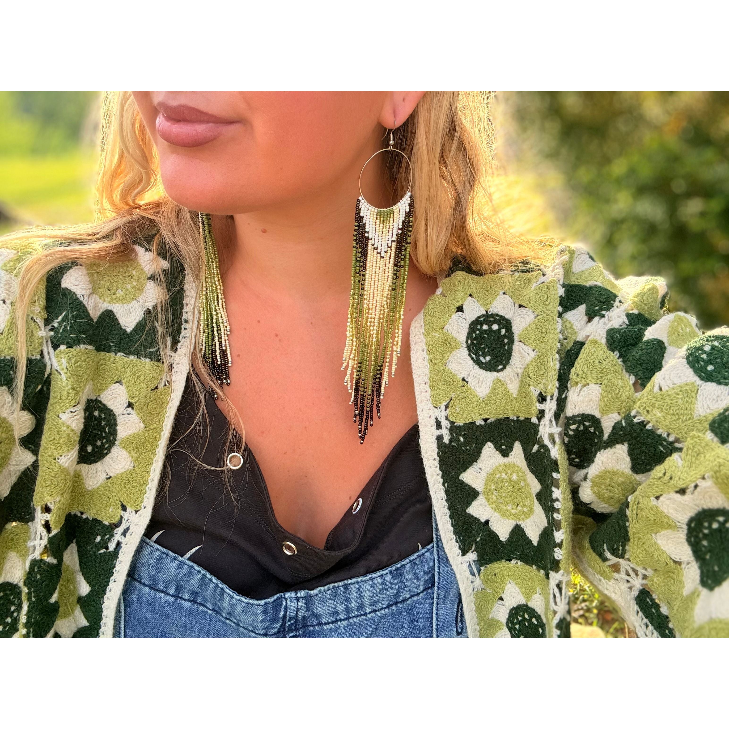 Green White Beaded Earrings