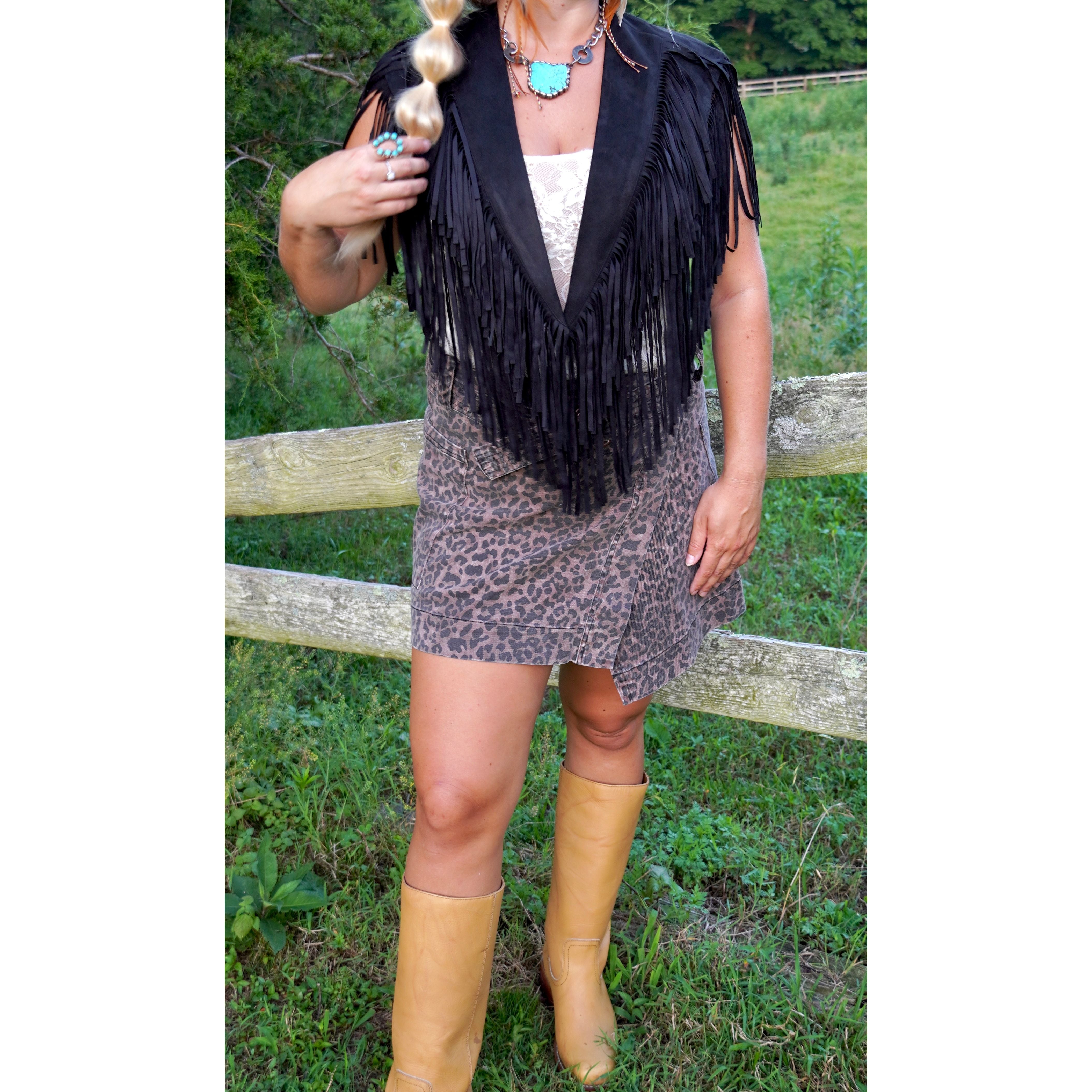 Country Fringe Suede Shawl in Black