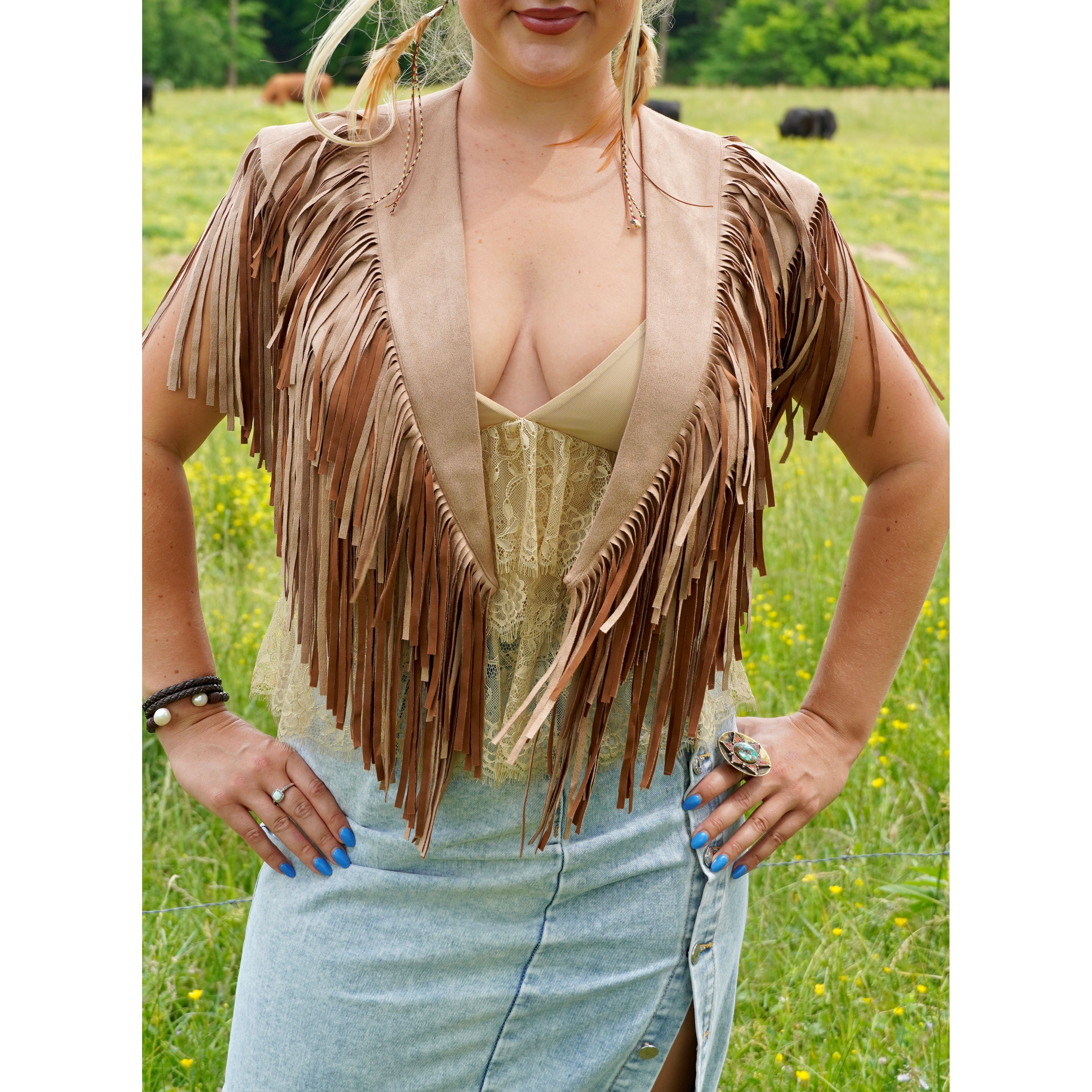 Country Fringe Suede Shawl in Chocolate Brown