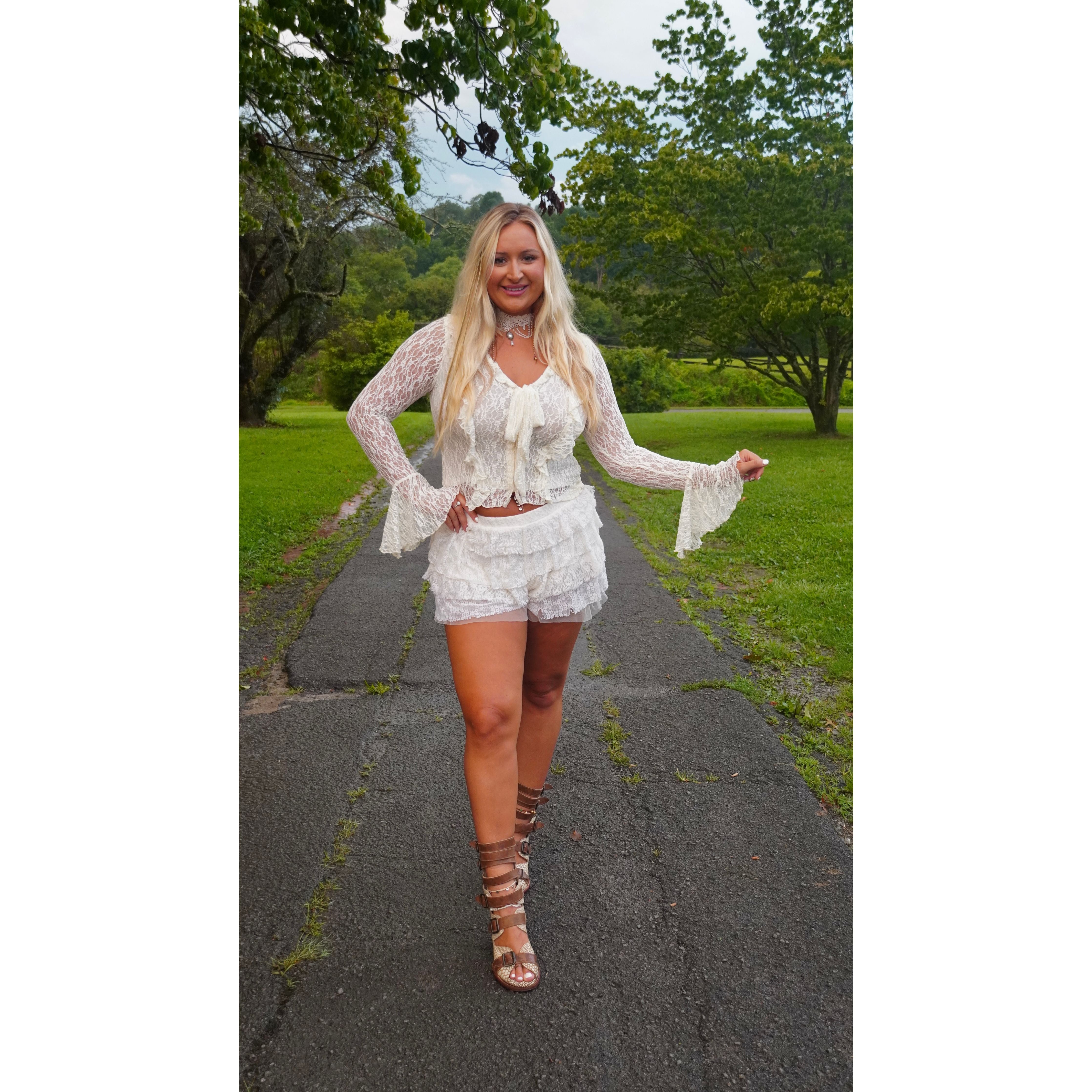 Lace Ruffled Tie- Front Bell-Sleeve Top