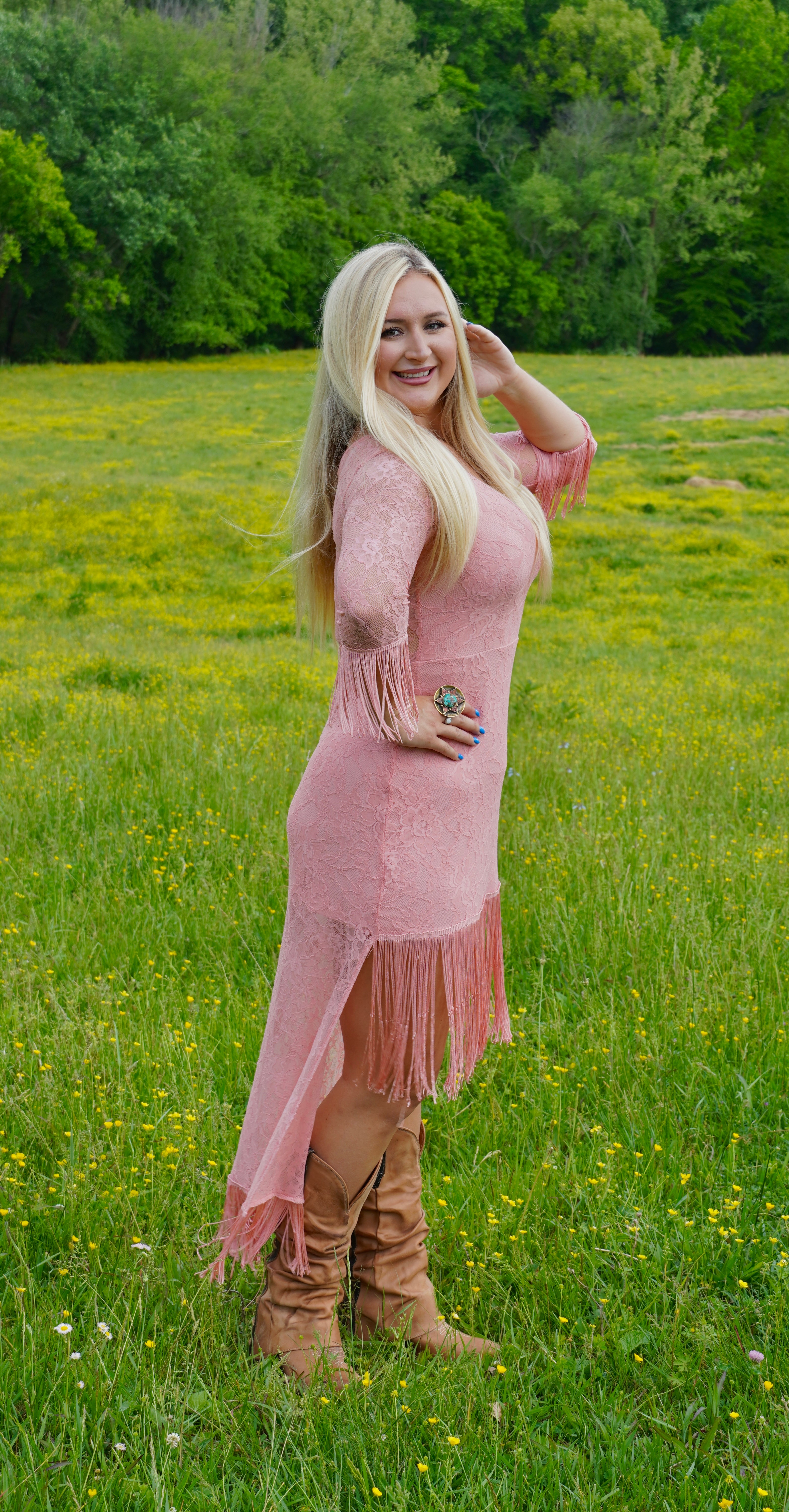 Baby Pink Lace High Low Fringe Dress