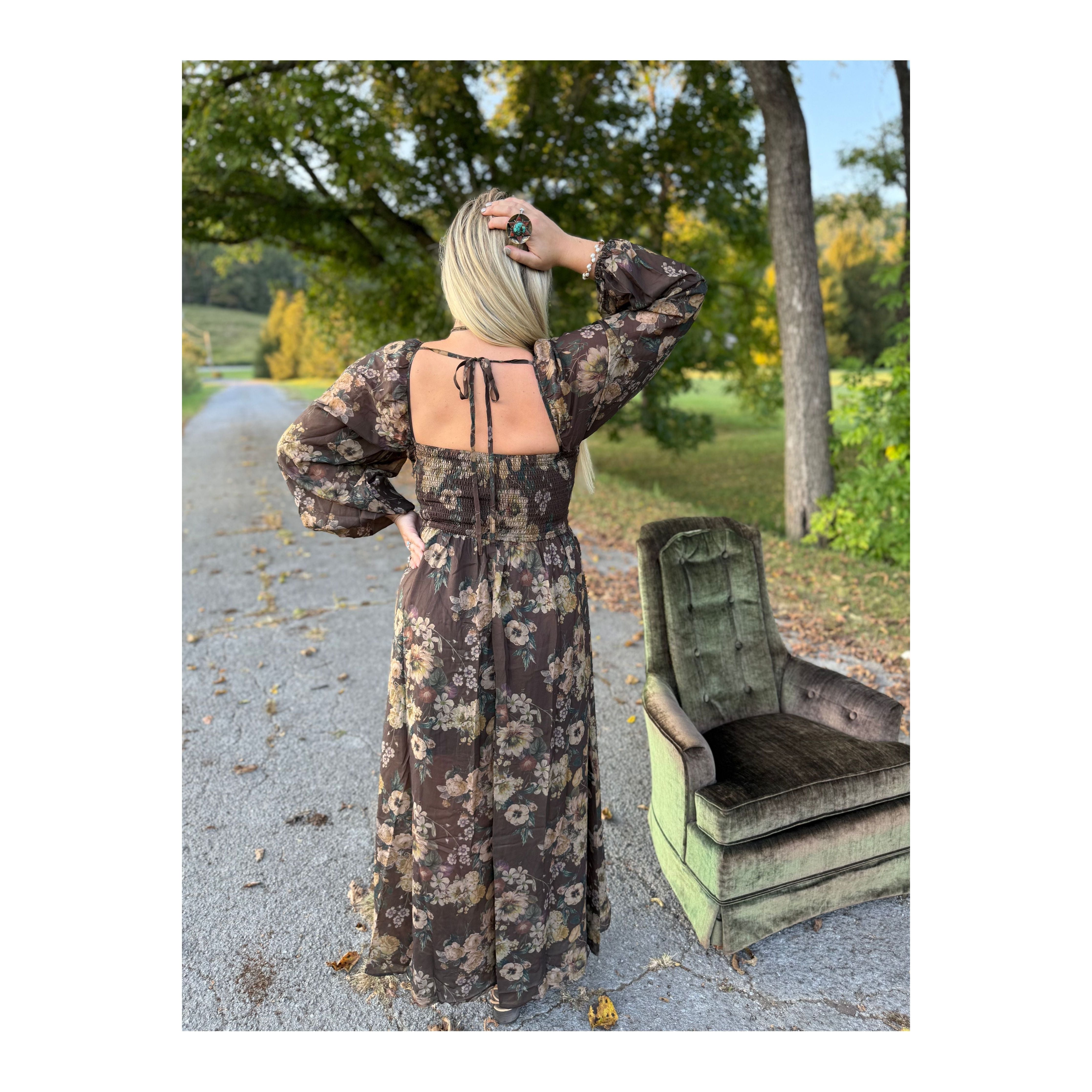 Floral Print Velvet Trimmed Maxi Dress with Slit