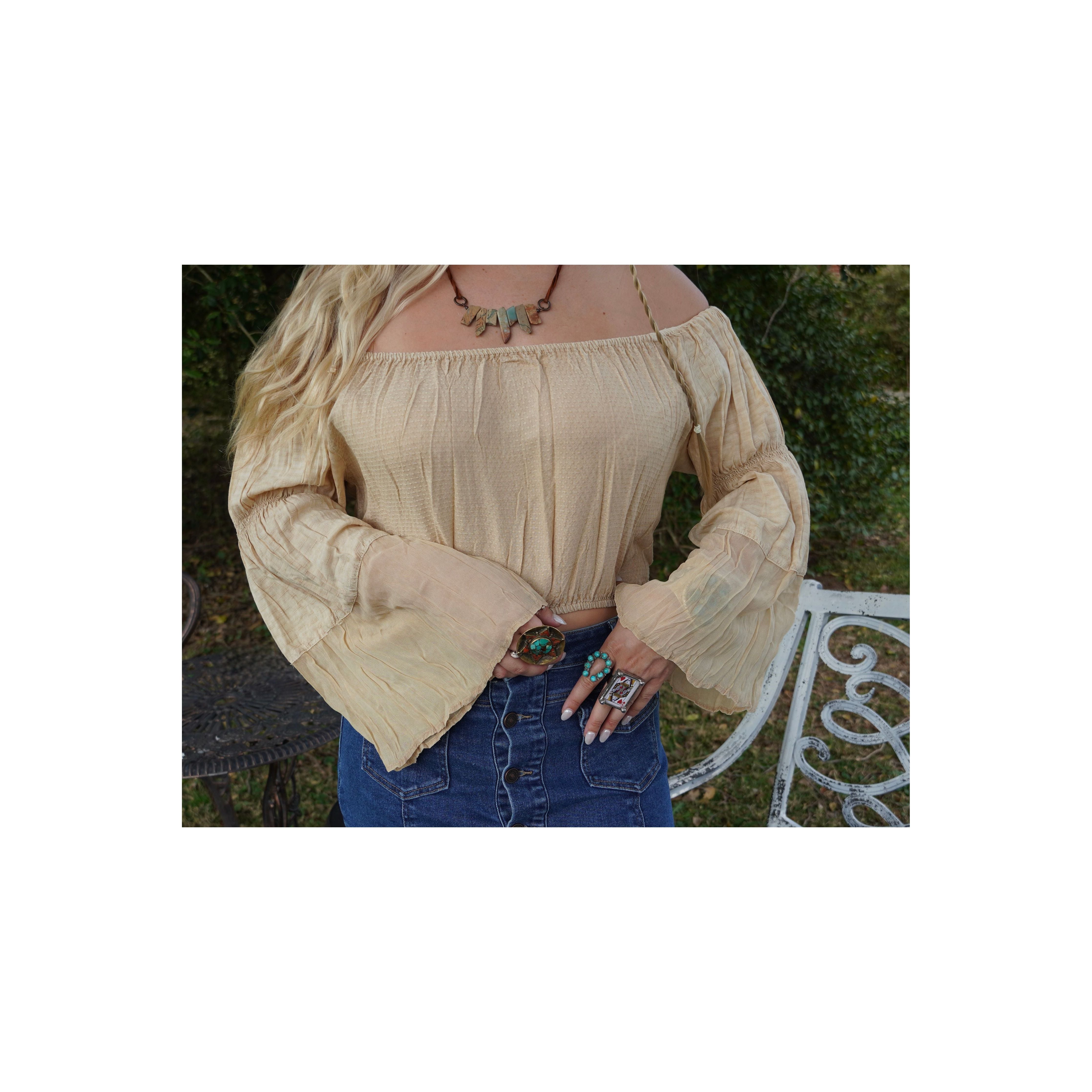 Boho Off-The-Shoulder Patchwork Top With Bell Sleeves