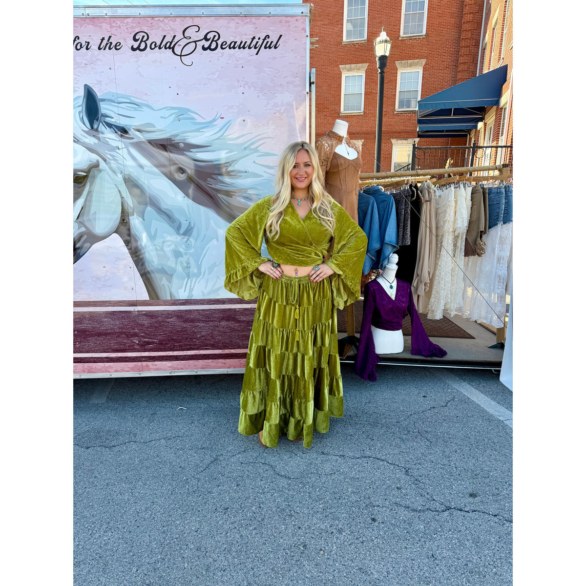 Green Velvet Bohemian Skirt & Top Set