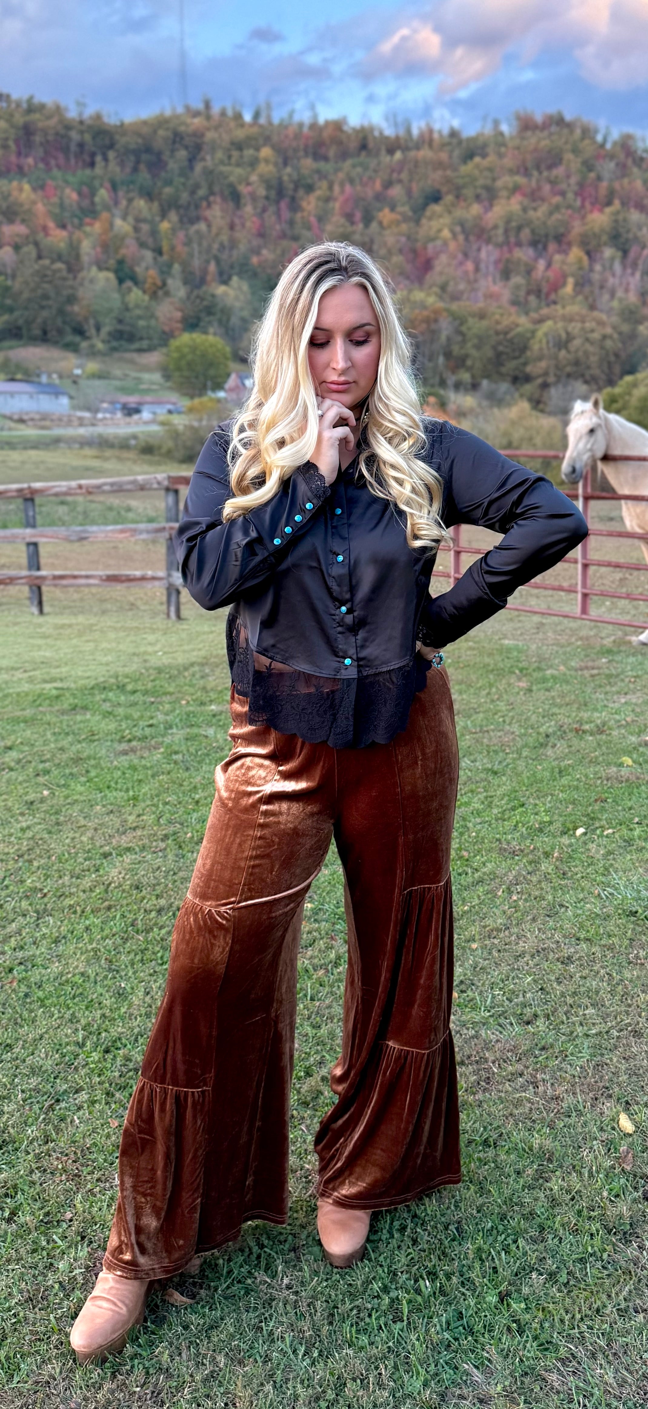 Black Silk Lace Western Top With Turquoise Buttons