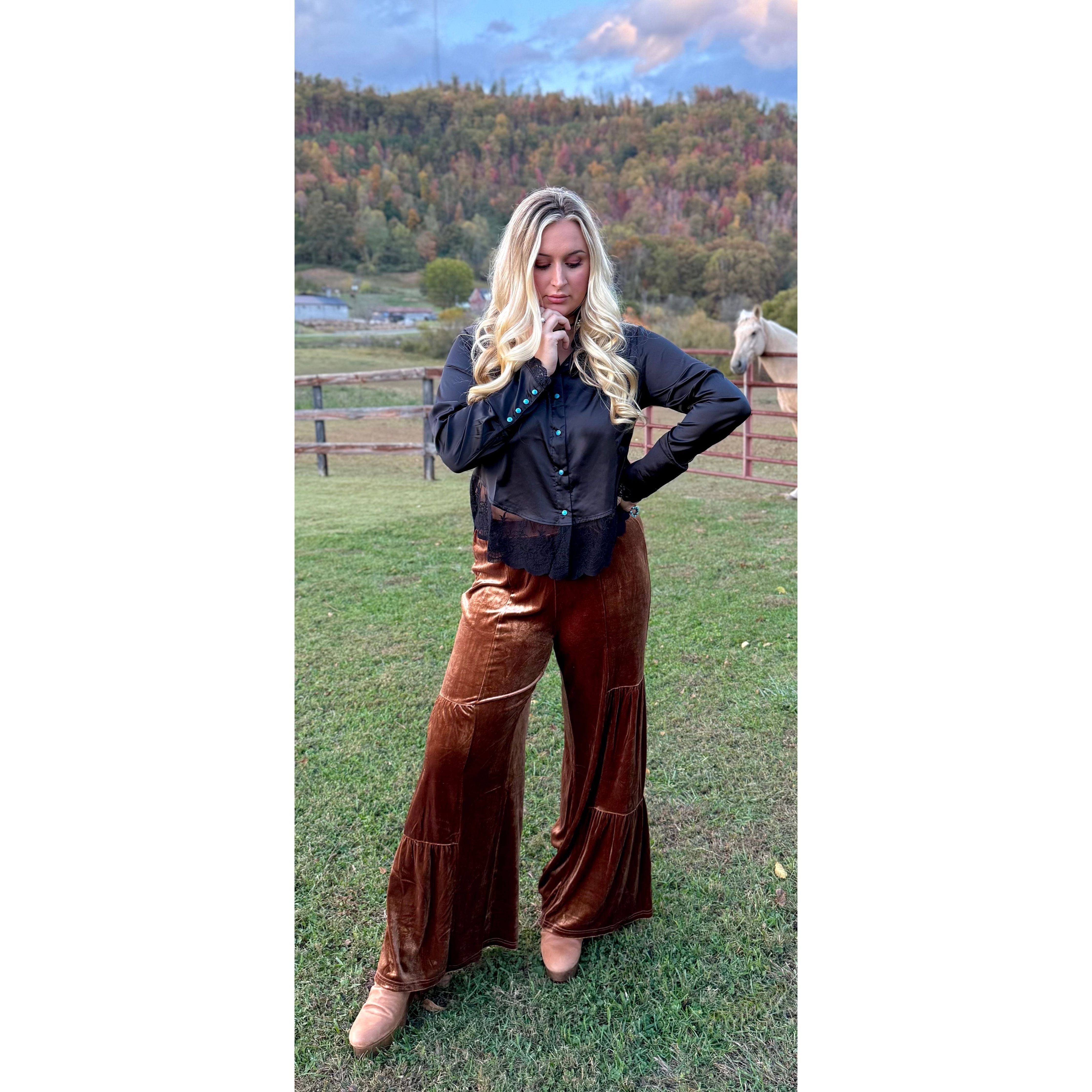 Black Silk Lace Western Top With Turquoise Buttons