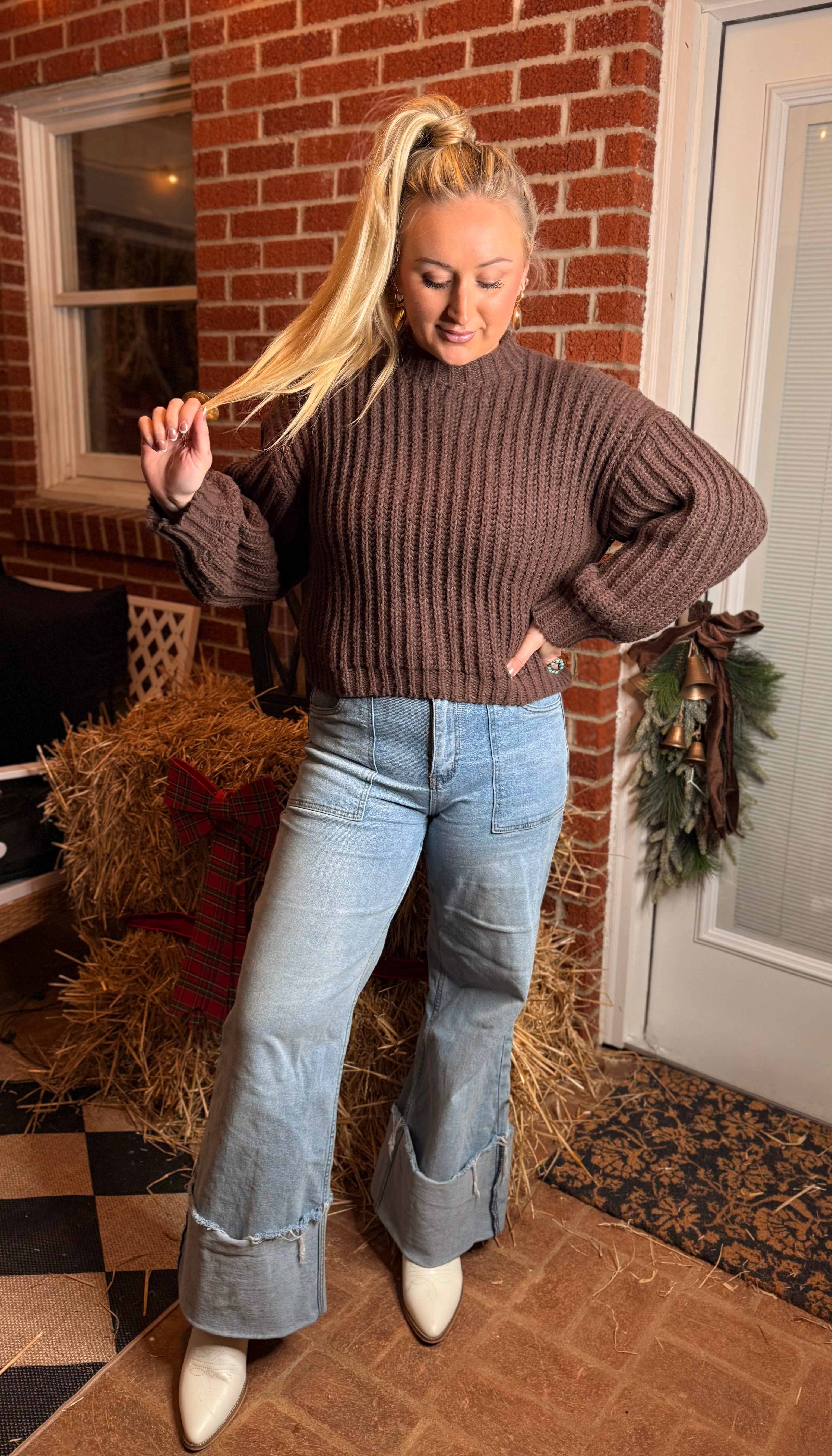 Cozy Chocolate Wide Sleeve Rib Knit Sweater