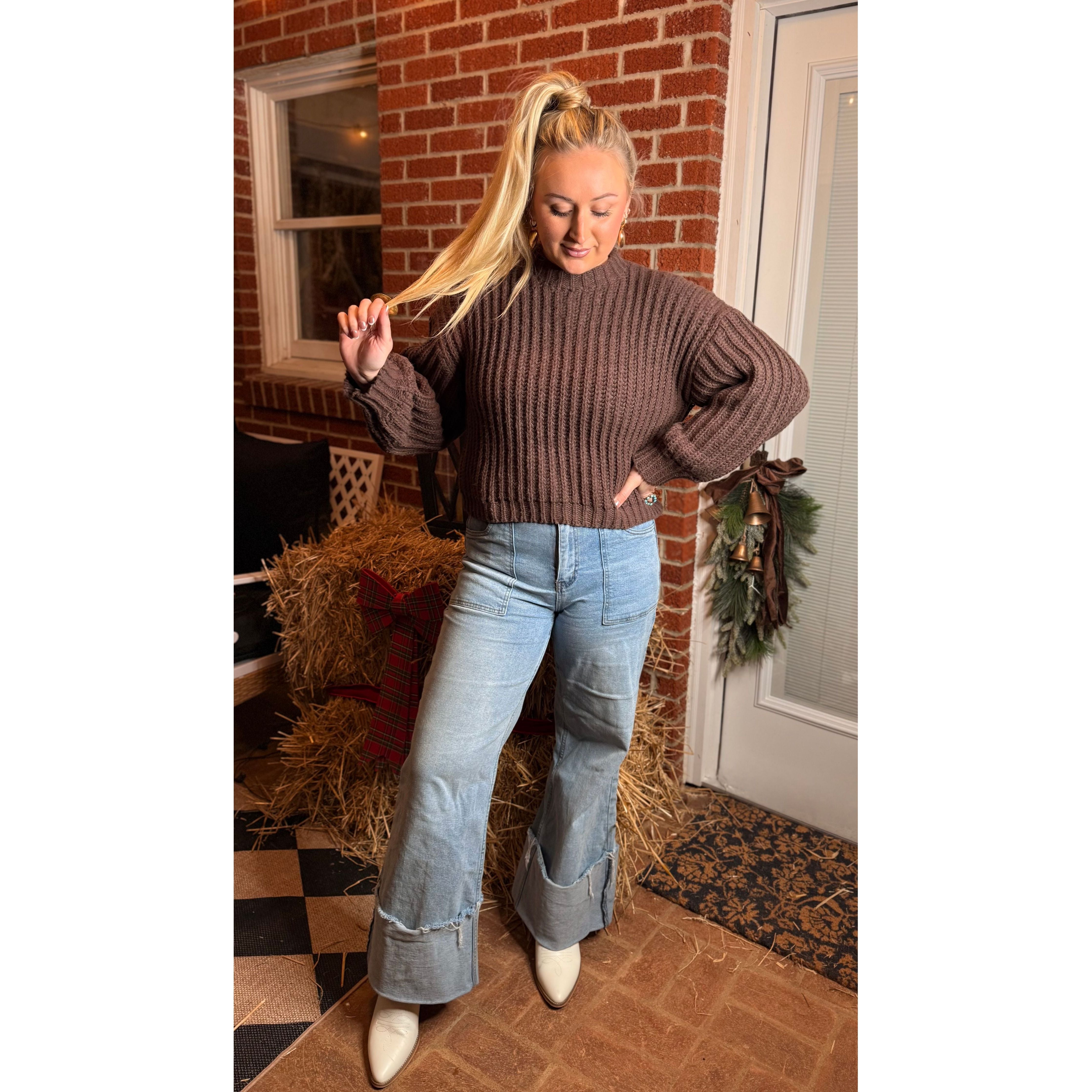 Cozy Chocolate Wide Sleeve Rib Knit Sweater