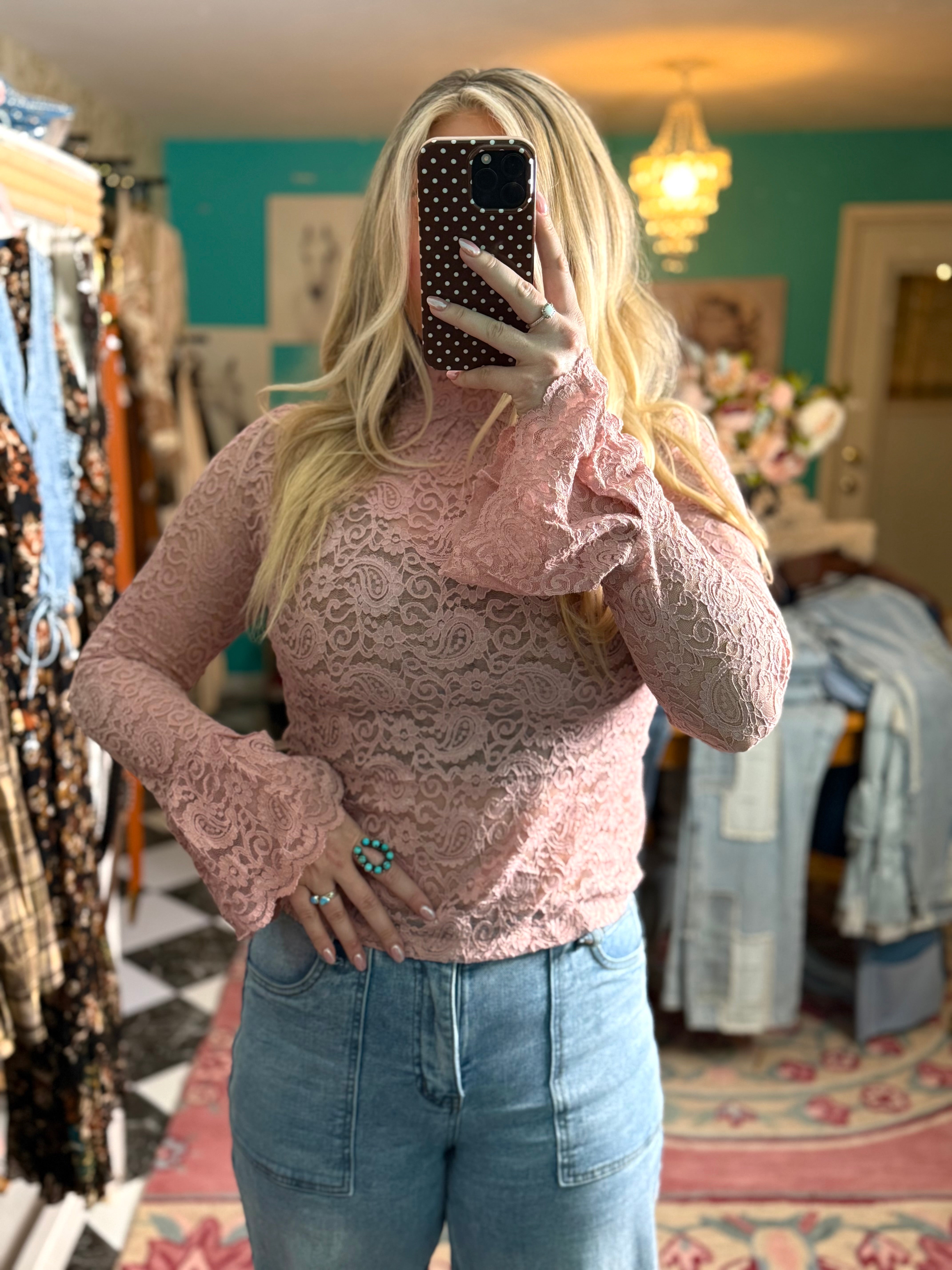 Pink Lace Bell Sleeve Layering Top