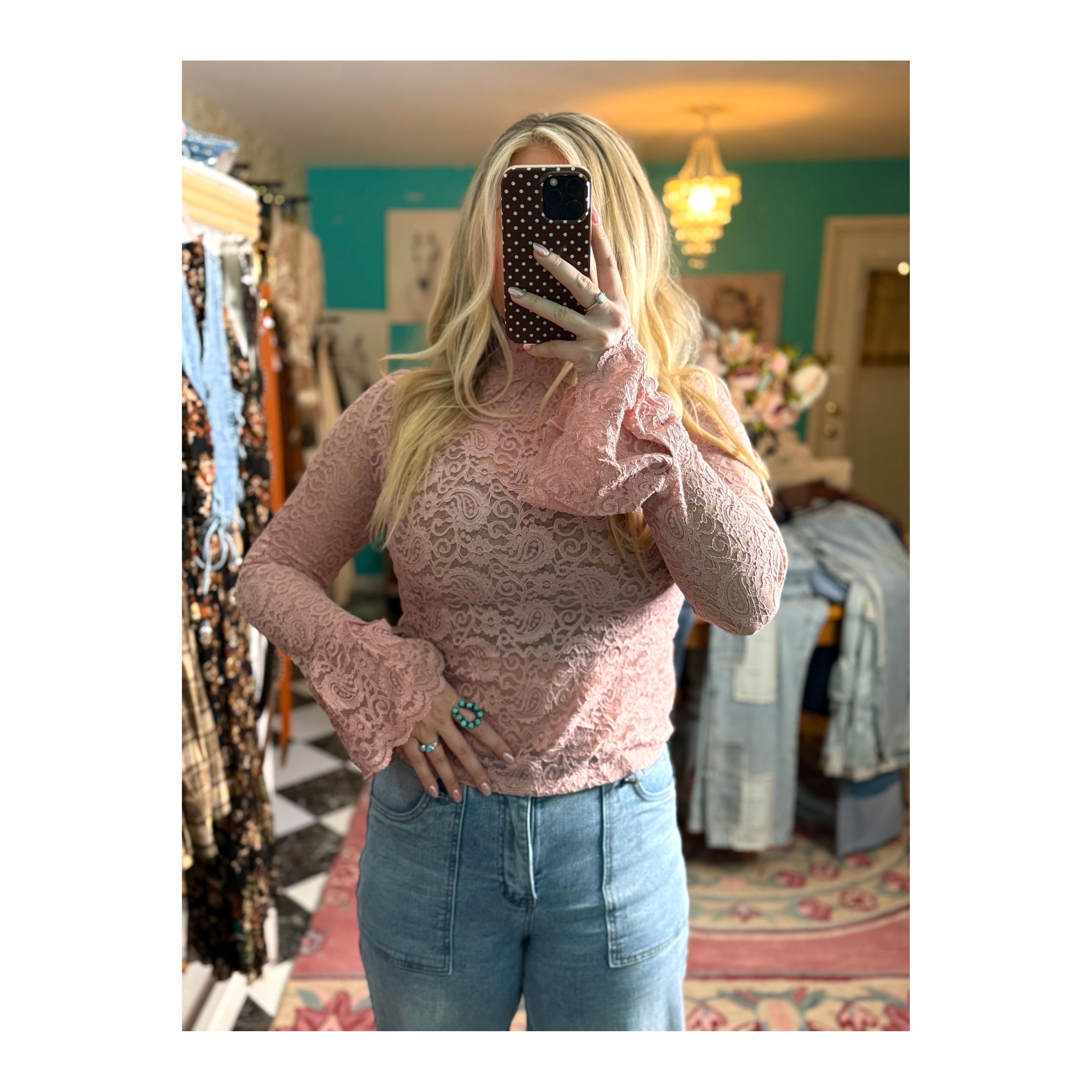 Pink Lace Bell Sleeve Layering Top