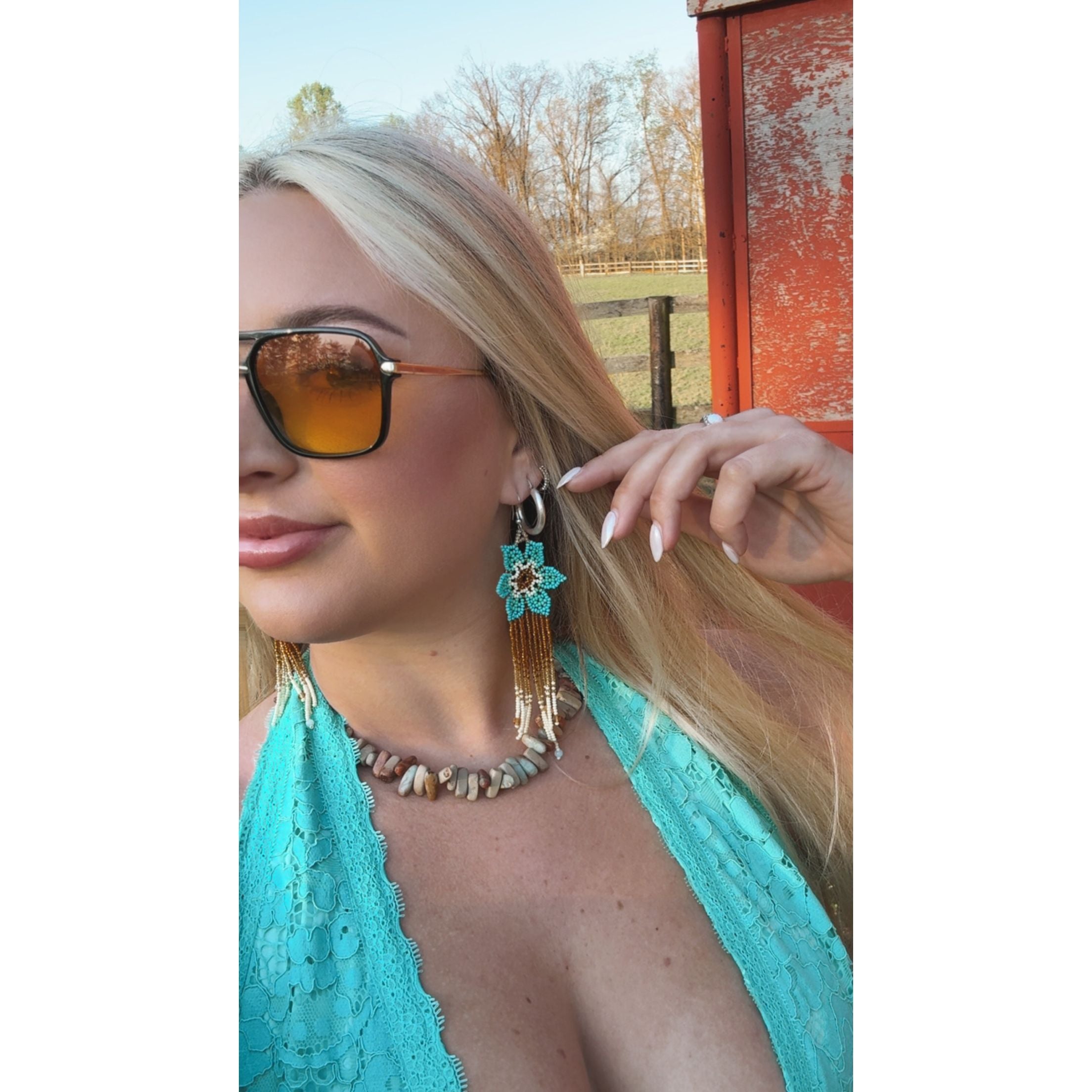 Blue Floral Beaded Earring