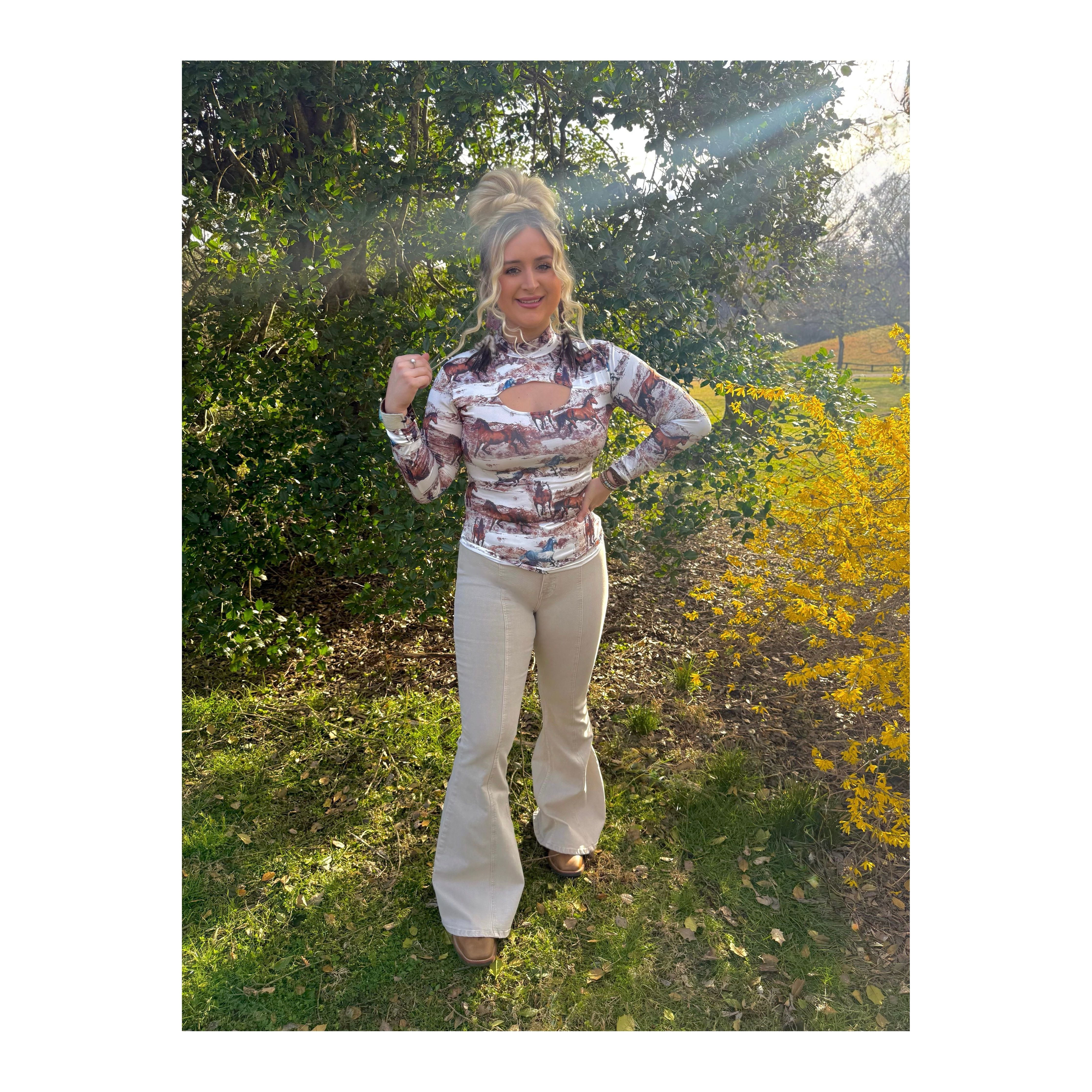 Wild Horses Long Sleeve Keyhole Top