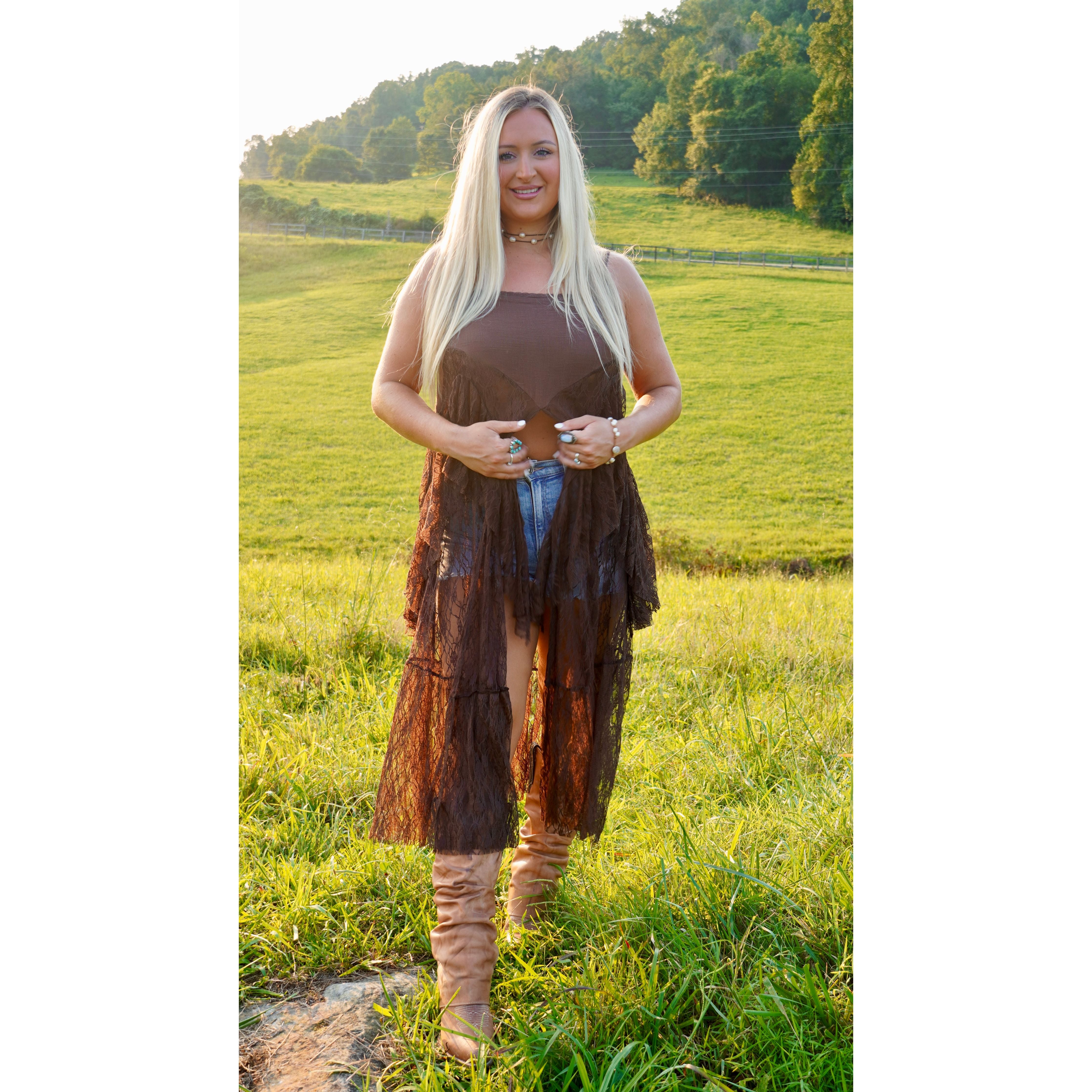 Chocolate Ruffled Lace Flyaway Maxi Cami Top
