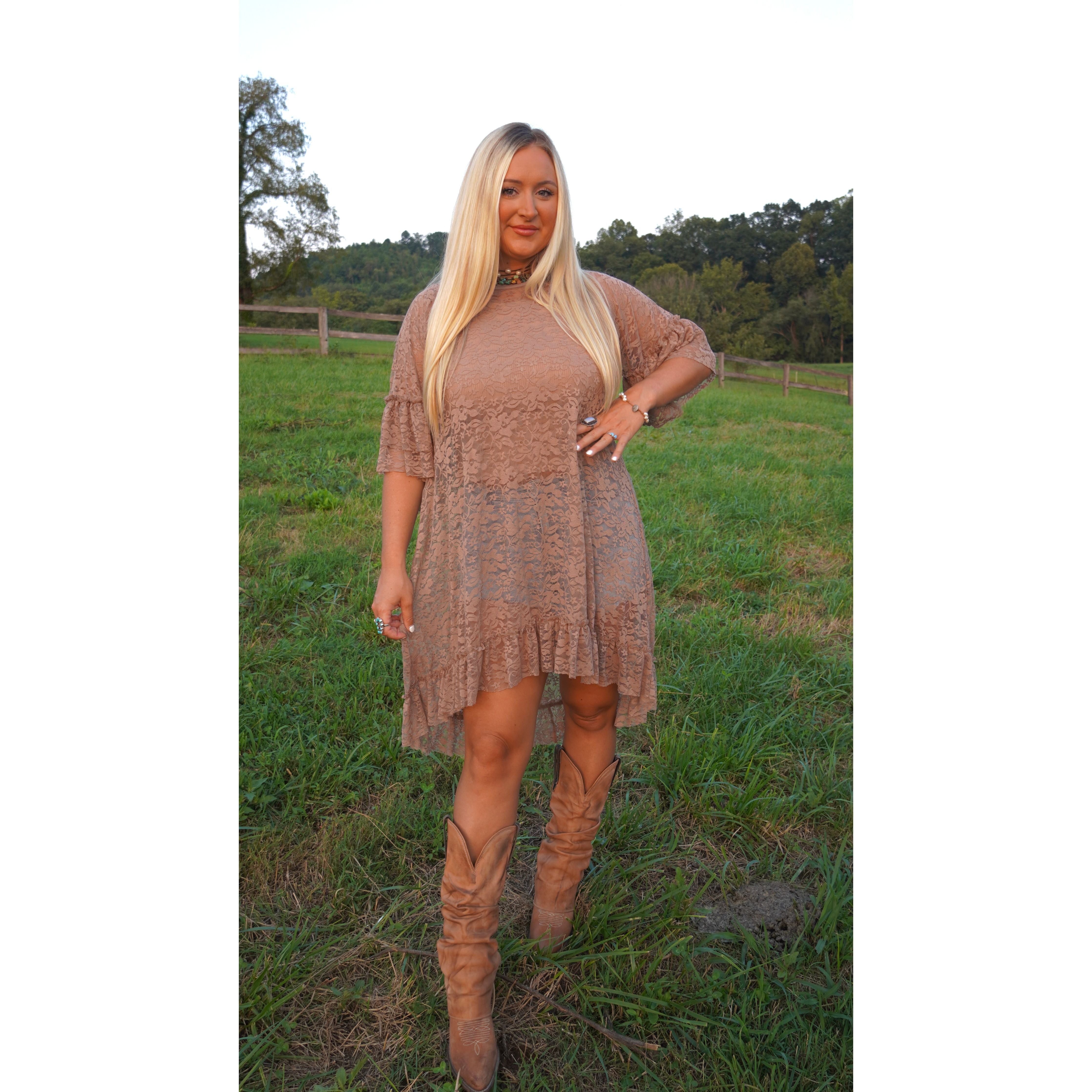 Taupe Hi-Low Lace Ruffle Top