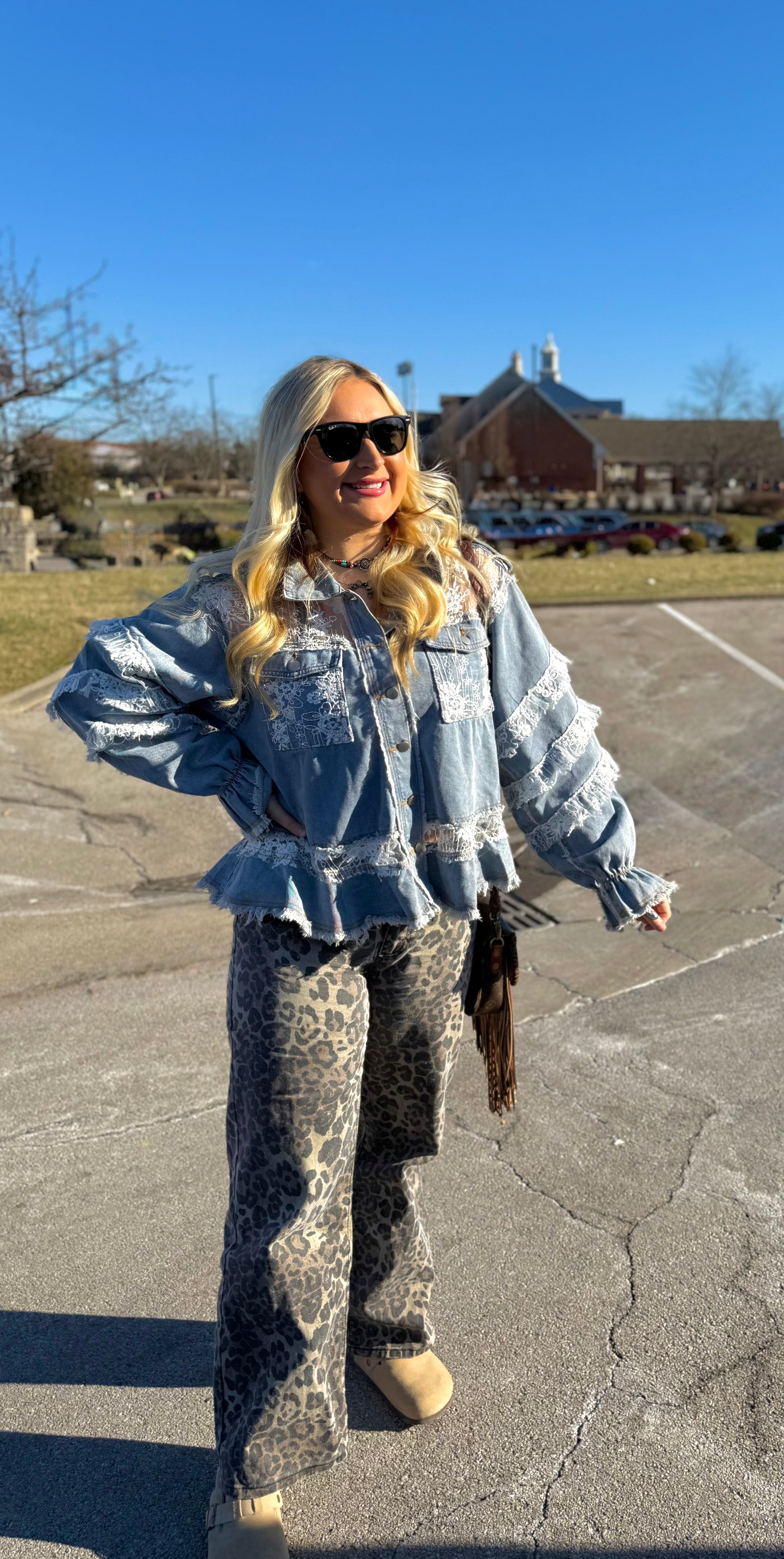 POL: Lainey Lace Trim Ruffle Denim Jacket