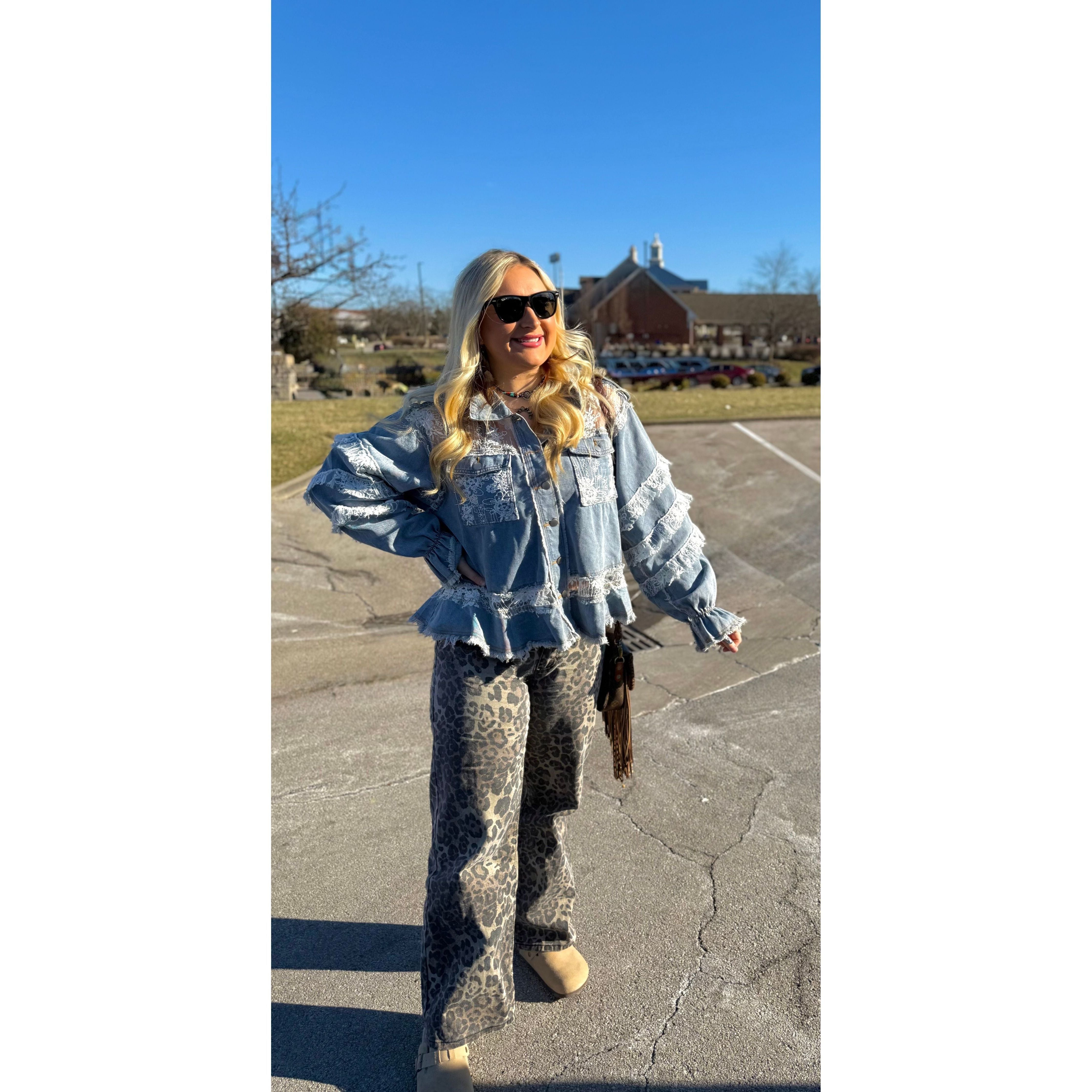 POL: Lainey Lace Trim Ruffle Denim Jacket