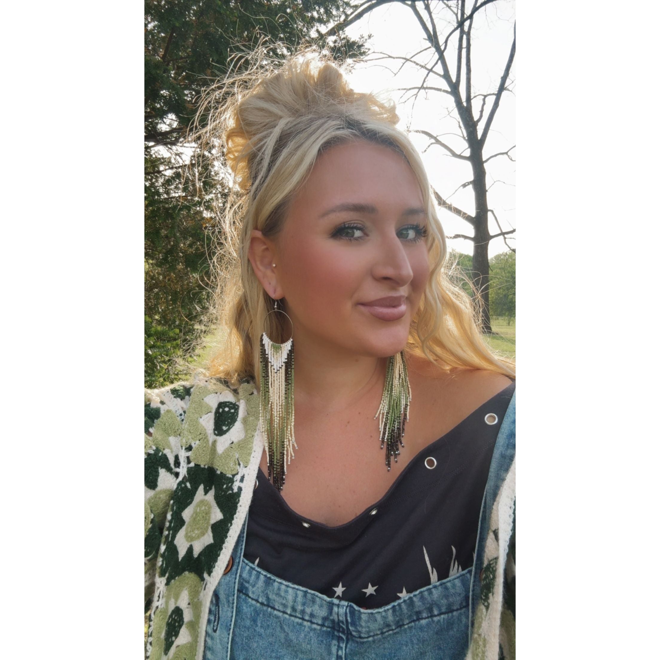 Green White Beaded Earrings
