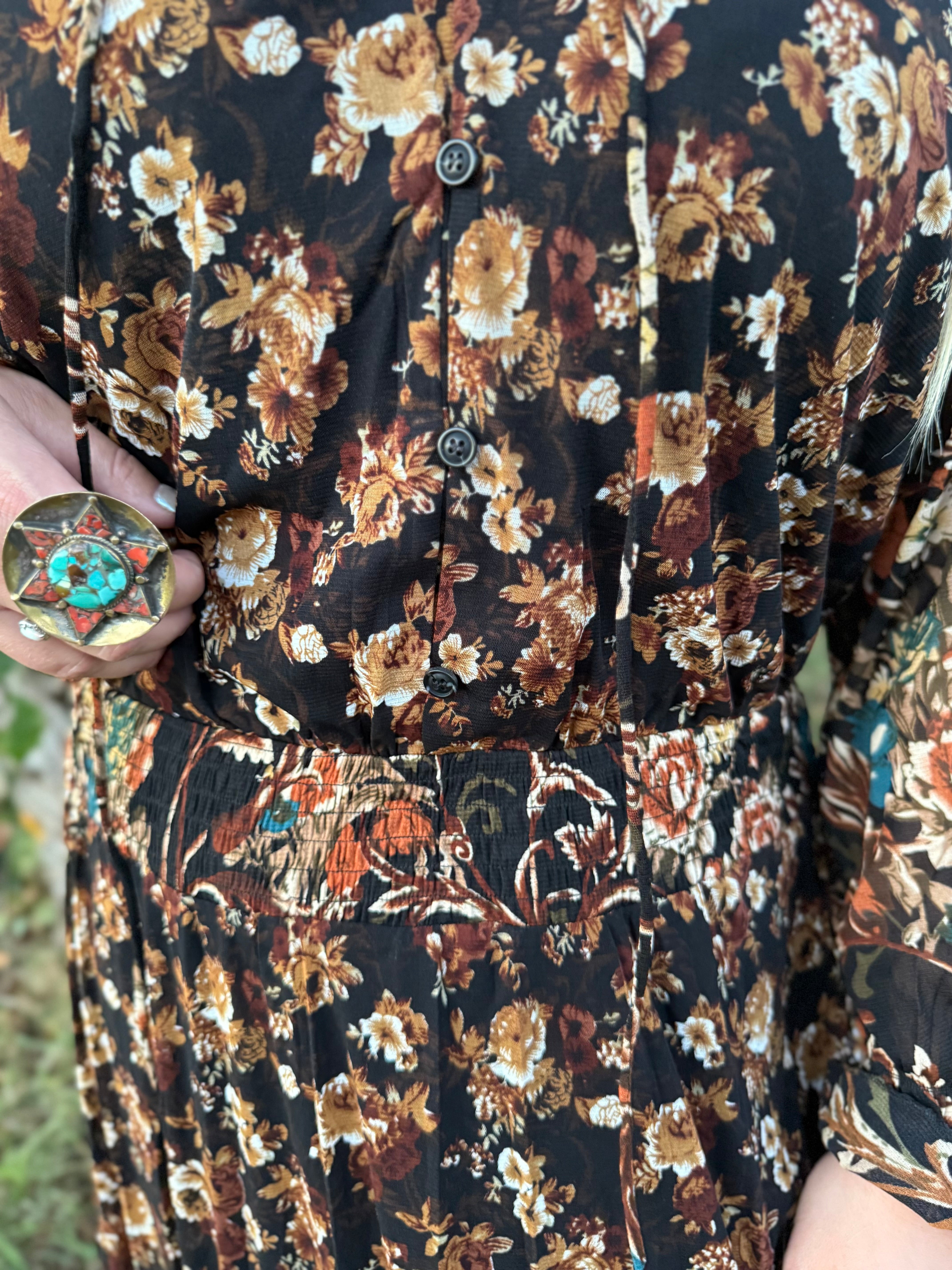 Black Floral Ruffle Maxi Dress