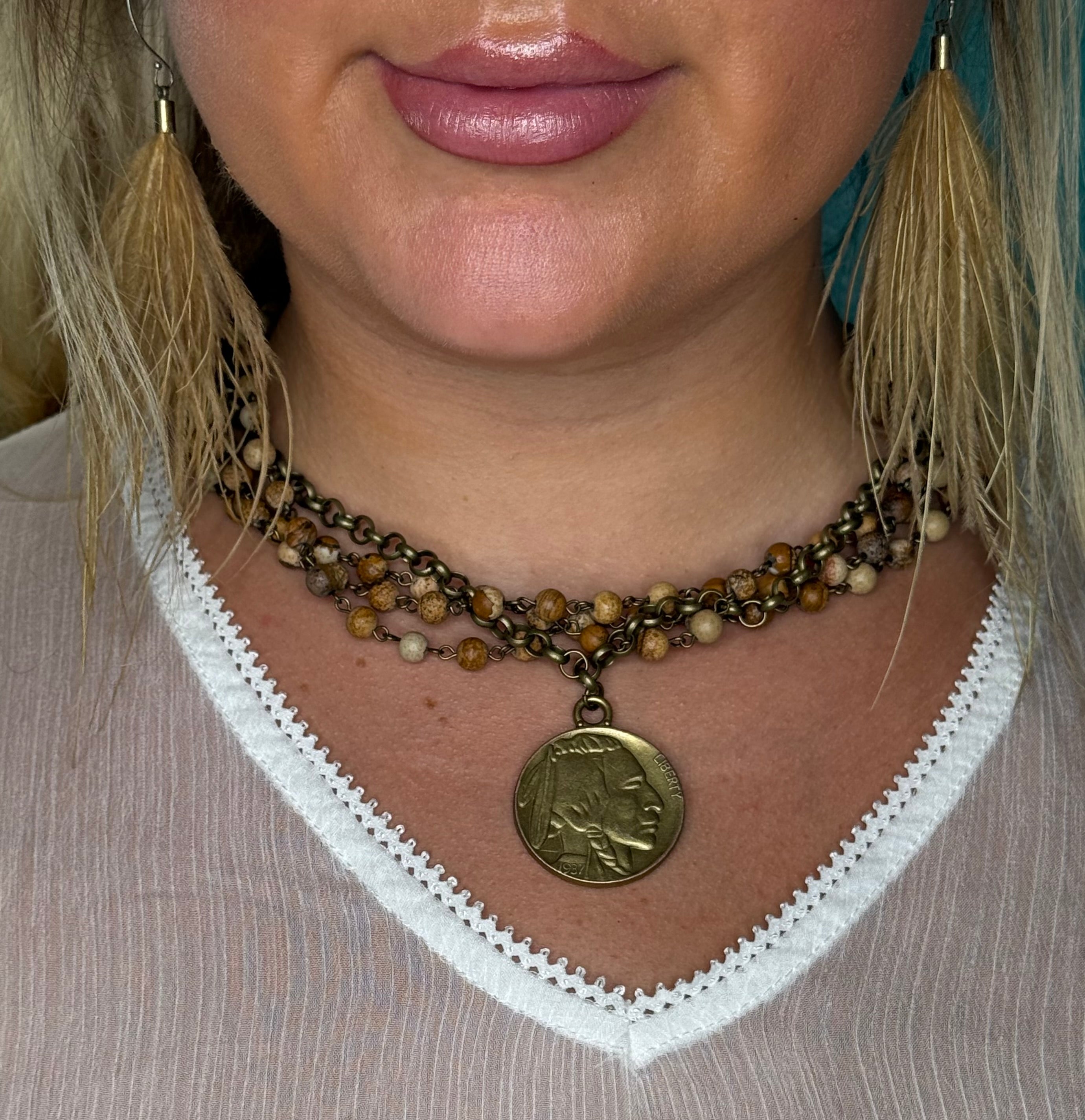 Brown Beaded Indian Coin Necklace