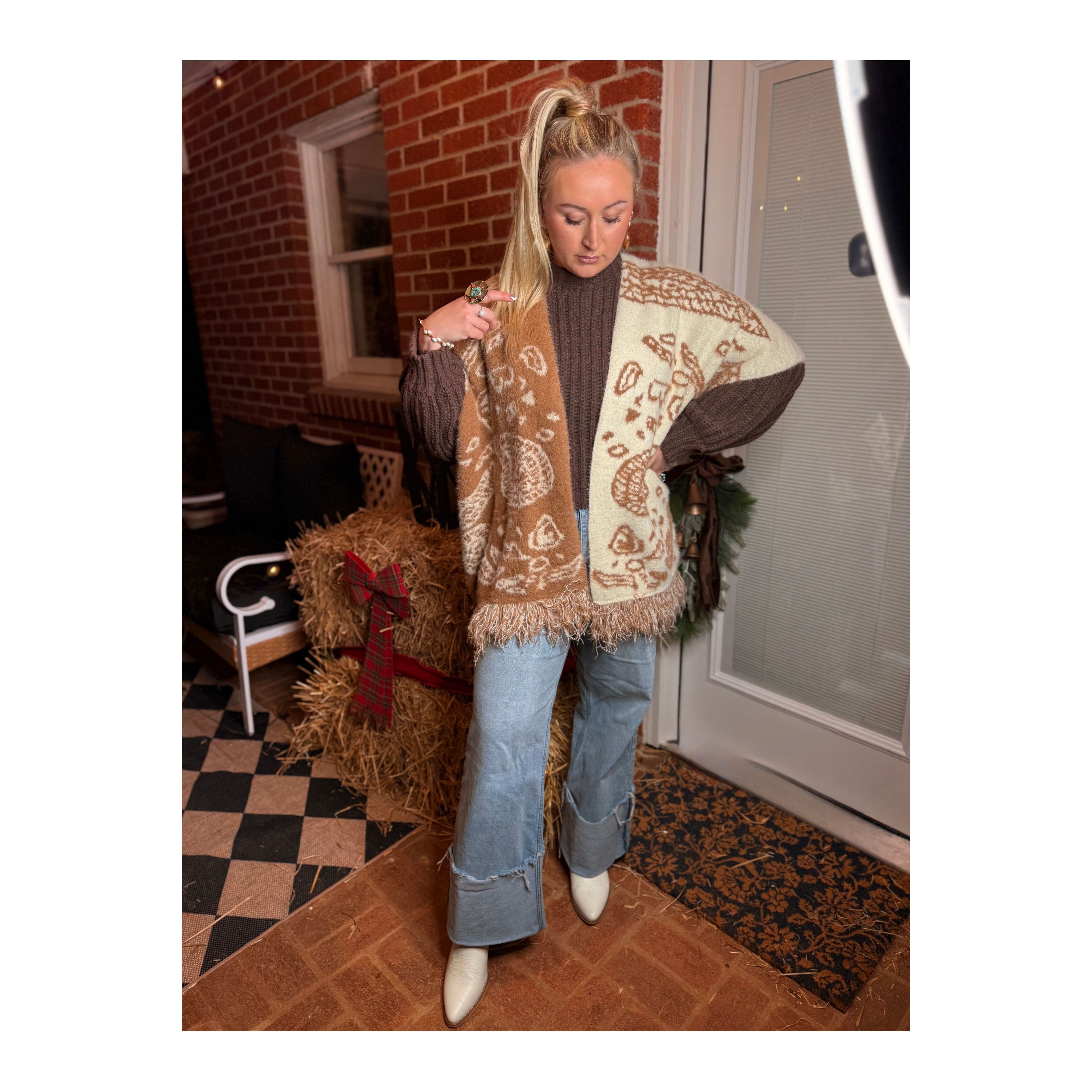 POL: Mocha Paisley Poncho Cardigan Sweater