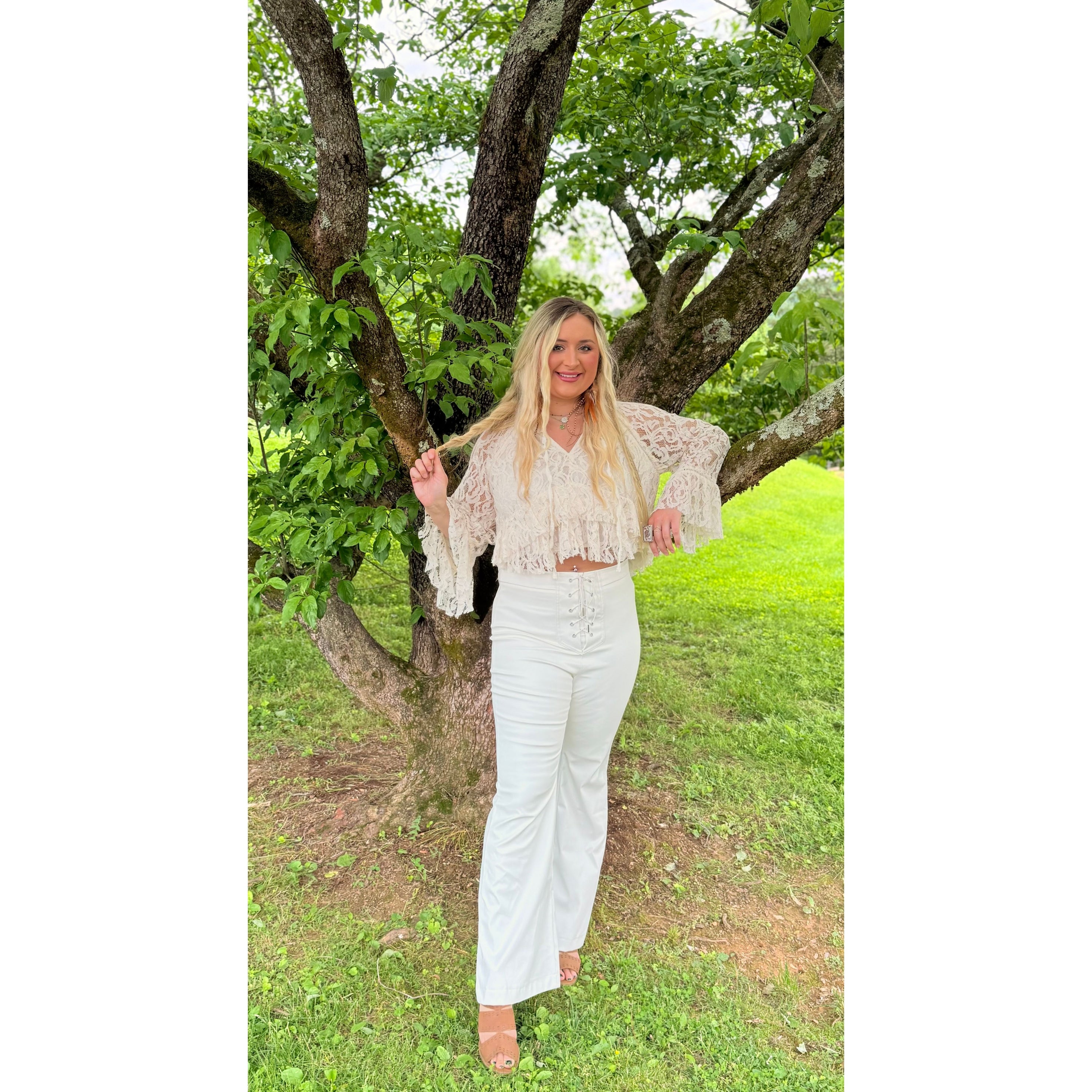 White Leather Lace Up Flare Pants