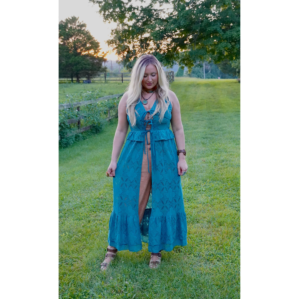 Teal Floral Lace Ruffled Tie Front Maxi Top